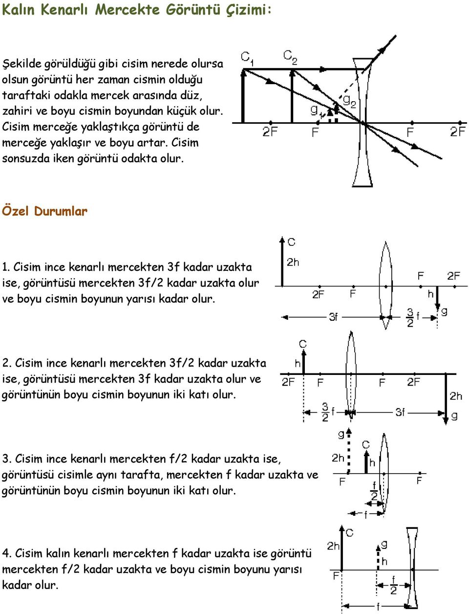 Cisim ince kenarlı mercekten 3f kadar uzakta ise, görüntüsü mercekten 3f/2 kadar uzakta olur ve boyu cismin boyunun yarısı kadar olur. 2.