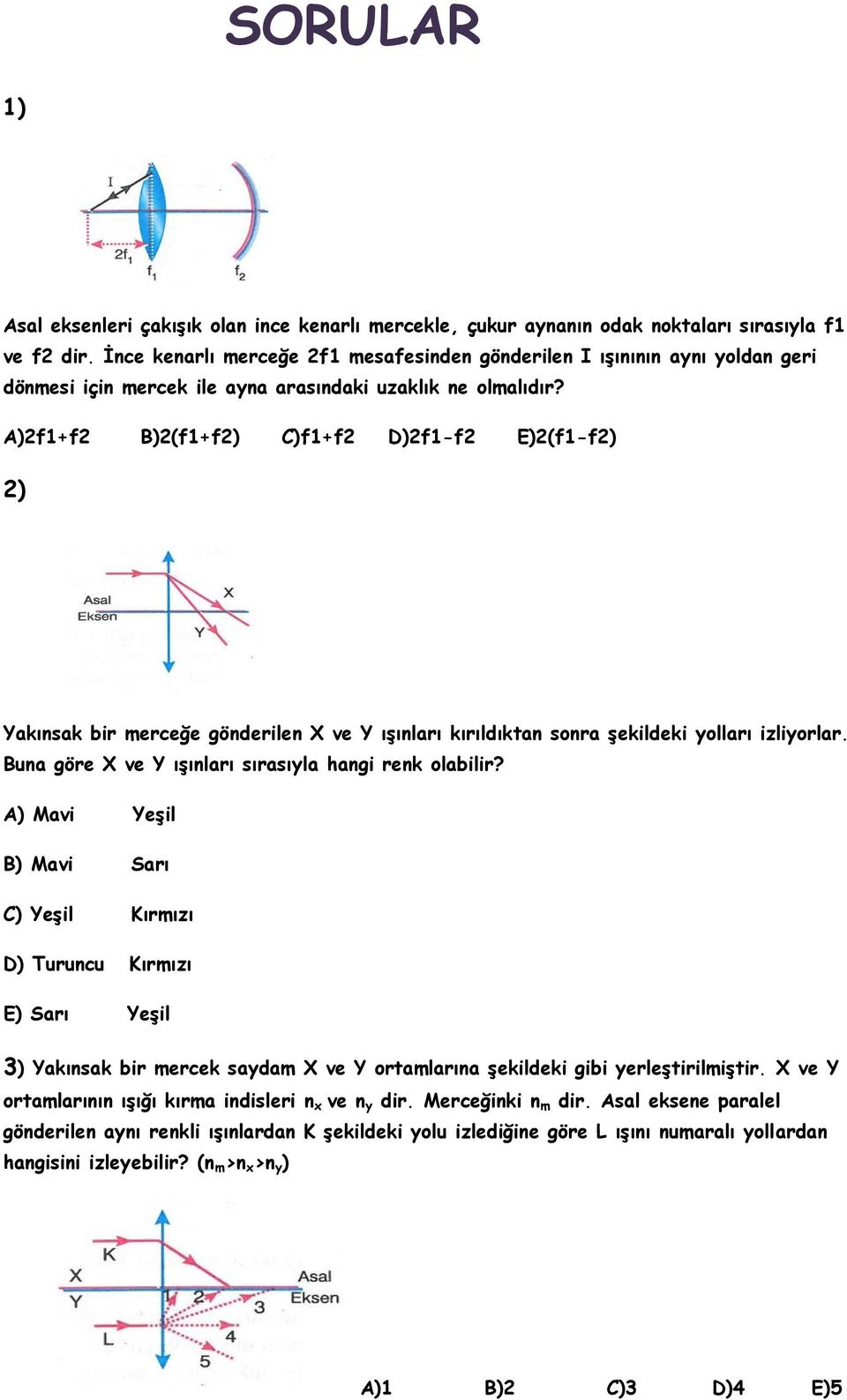 A)2f1+f2 B)2(f1+f2) C)f1+f2 D)2f1-f2 E)2(f1-f2) 2) Yakınsak bir merceğe gönderilen X ve Y ışınları kırıldıktan sonra şekildeki yolları izliyorlar.