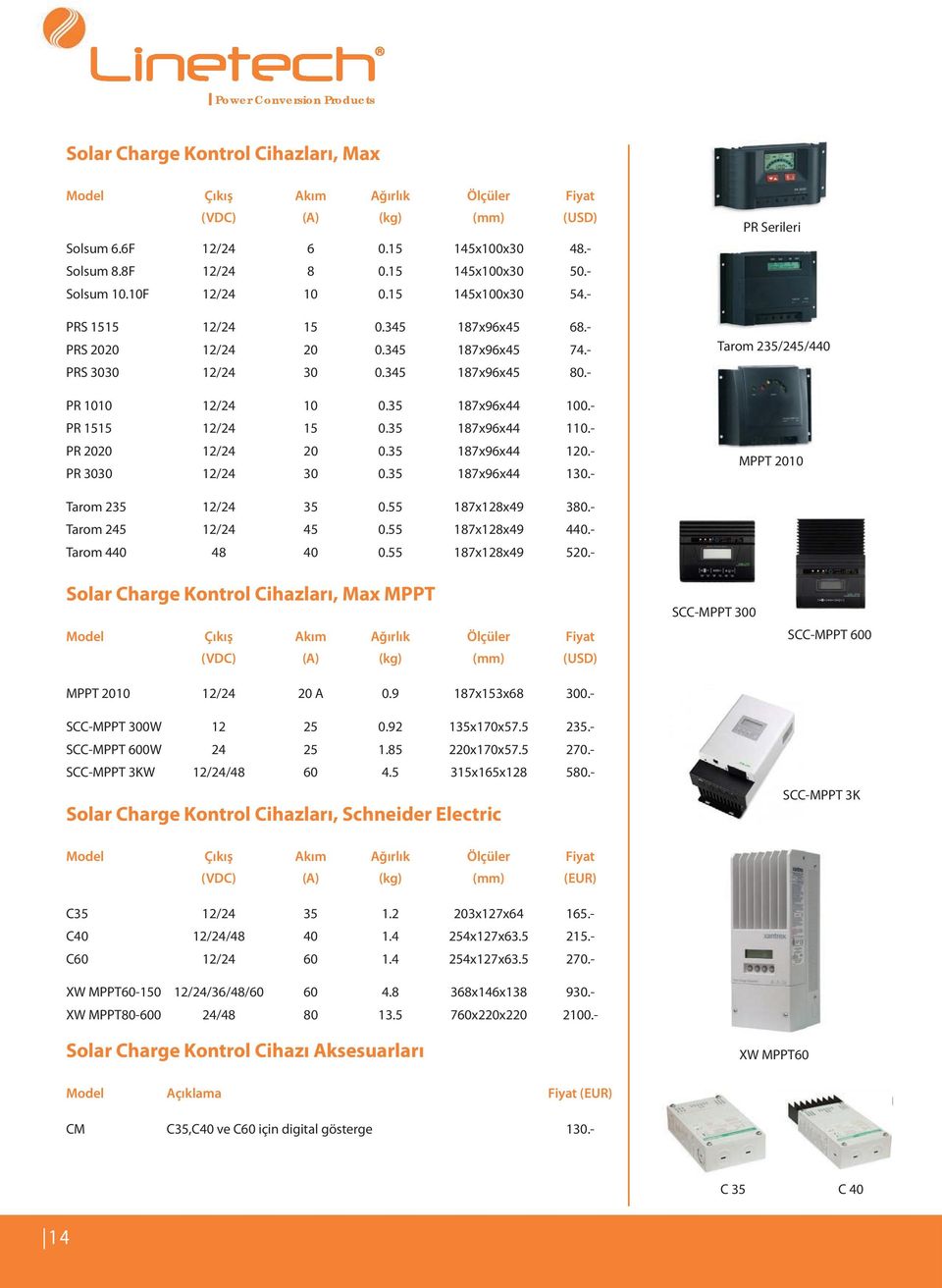 35 187x96x44 100.- PR 1515 12/24 15 0.35 187x96x44 110.- PR 2020 12/24 20 0.35 187x96x44 120.- PR 3030 12/24 30 0.35 187x96x44 130.- PR Serileri Tarom 235/245/440 MPPT 2010 Tarom 235 12/24 35 0.