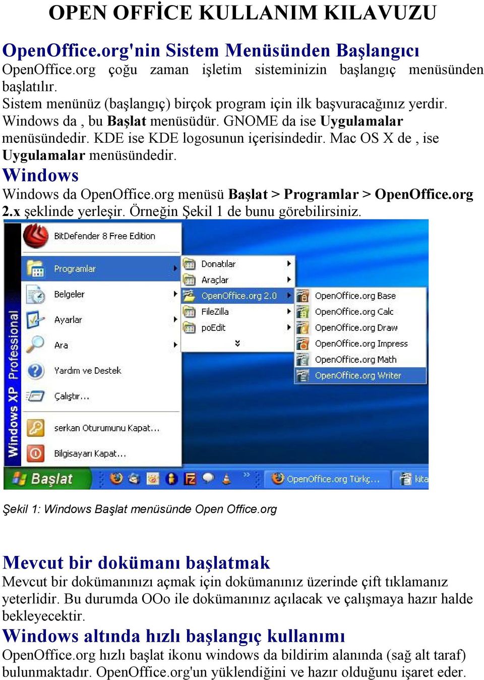 Mac OS X de, ise Uygulamalar menüsündedir. Windows Windows da OpenOffice.org menüsü Başlat > Programlar > OpenOffice.org 2.x şeklinde yerleşir. Örneğin Şekil 1 de bunu görebilirsiniz.