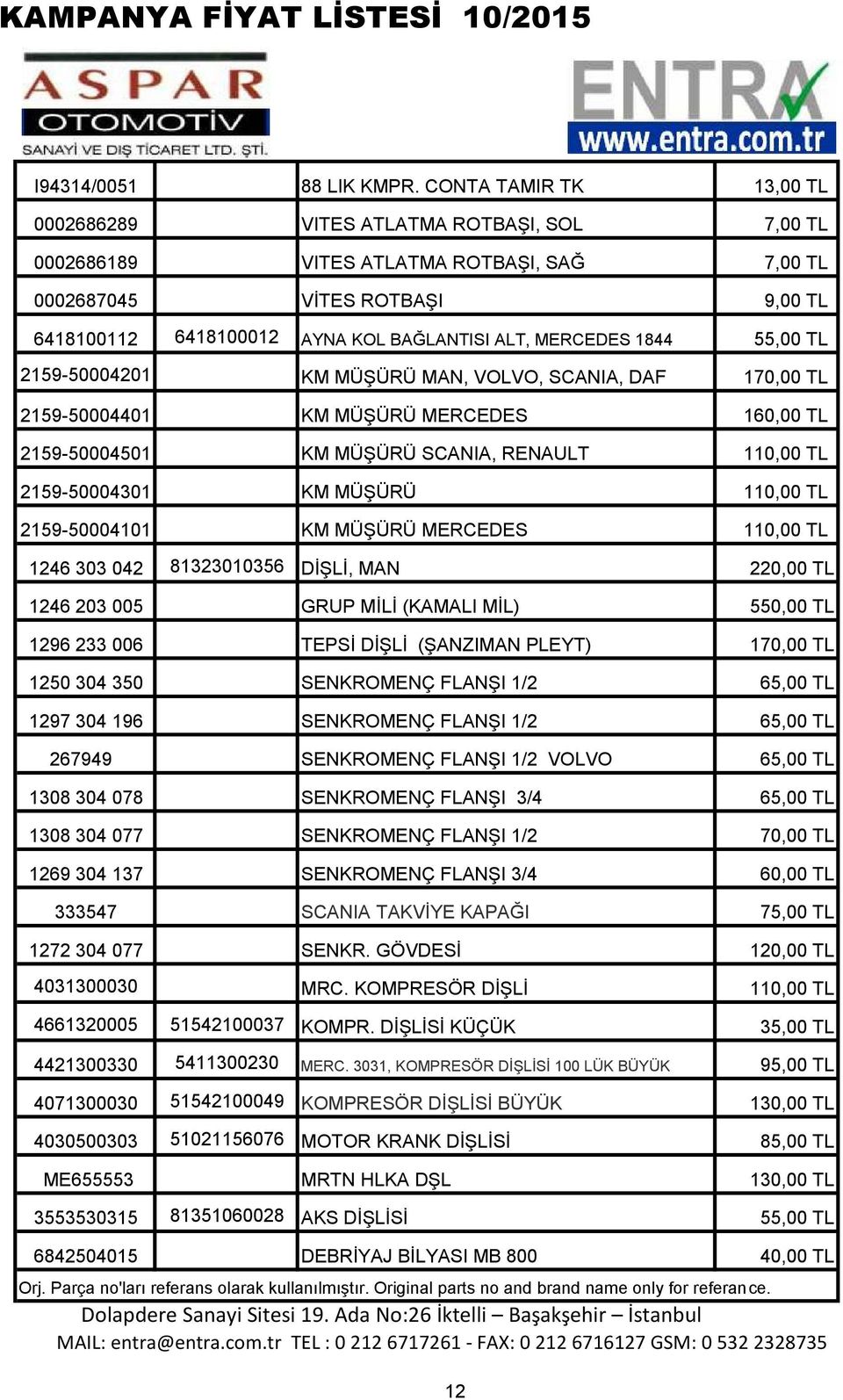 MERCEDES 1844 55,00 TL 2159-50004201 KM MÜŞÜRÜ MAN, VOLVO, SCANIA, DAF 170,00 TL 2159-50004401 KM MÜŞÜRÜ MERCEDES 160,00 TL 2159-50004501 KM MÜŞÜRÜ SCANIA, RENAULT 110,00 TL 2159-50004301 KM MÜŞÜRÜ