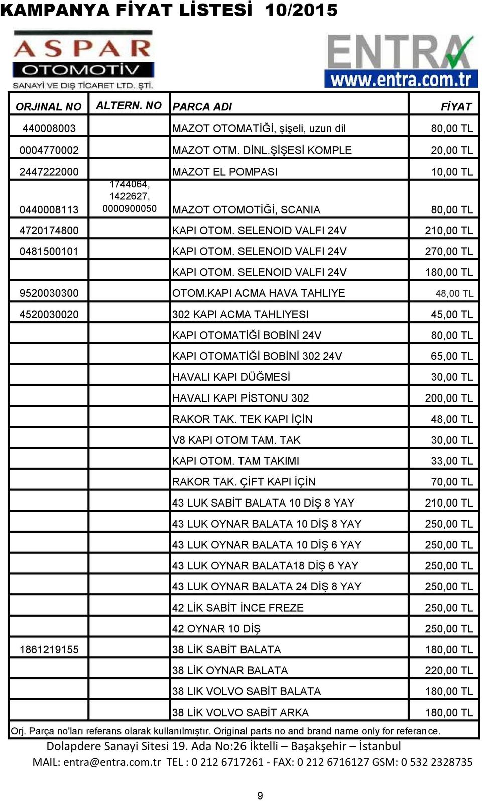 SELENOID VALFI 24V 210,00 TL 0481500101 KAPI OTOM. SELENOID VALFI 24V 270,00 TL KAPI OTOM. SELENOID VALFI 24V 180,00 TL 9520030300 OTOM.