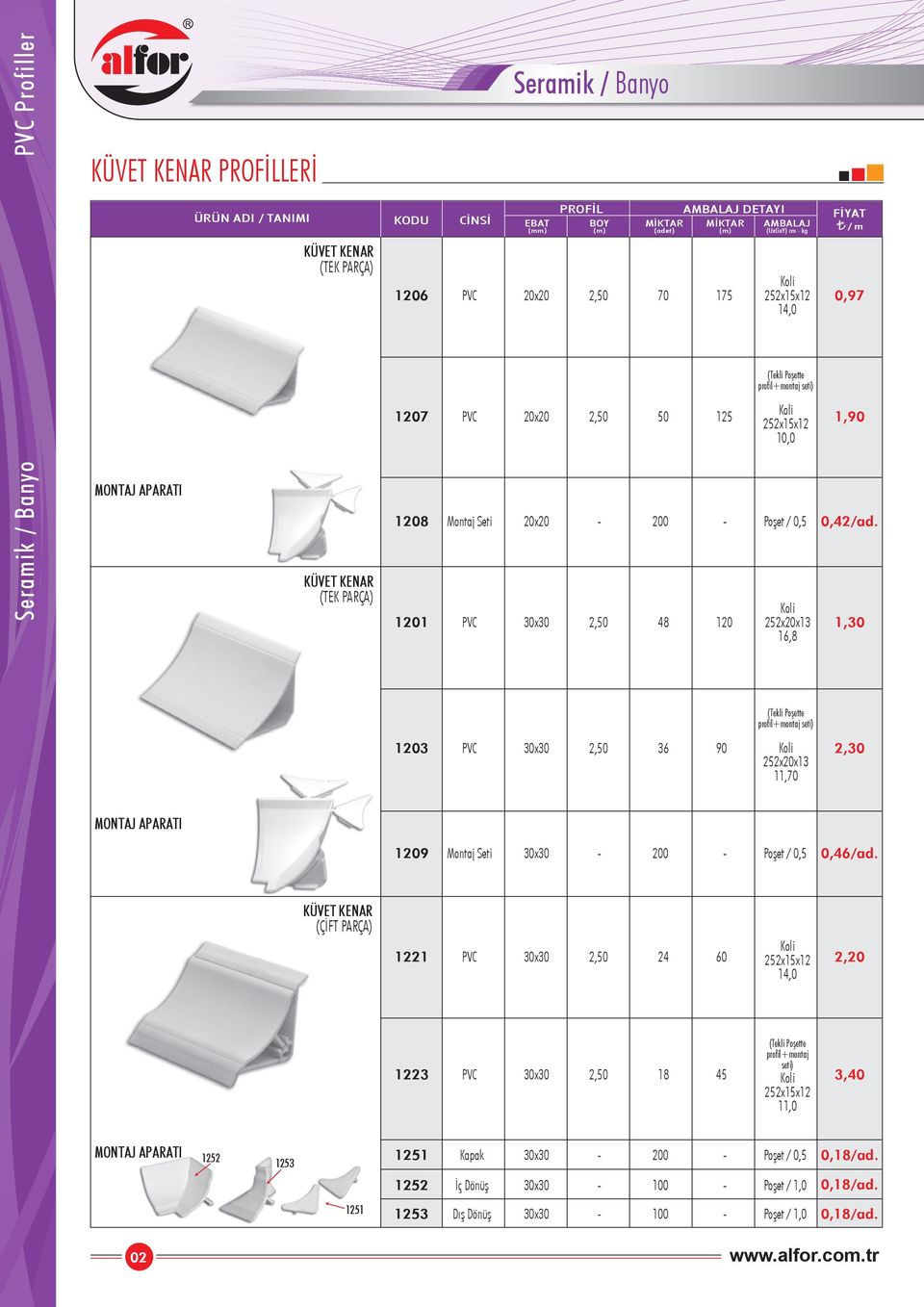 1,30 (Tekli te profil+montaj seti) 03 PVC 30x30 2, 36 90 252xx13 11,70 2,30 MONTAJ APARATI 09 Montaj Seti 30x30-0 - / 0,5 0,46/ad.