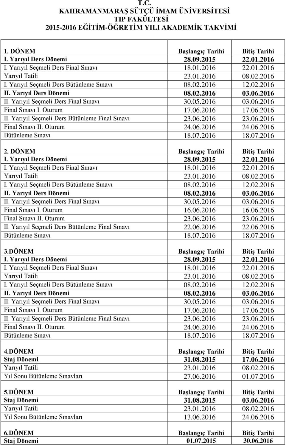 06.2016 23.06.2016 Final Sınavı II. Oturum 24.06.2016 24.06.2016 Bütünleme Sınavı 18.07.2016 18.07.2016 2. DÖNEM Başlangıç Tarihi Bitiş Tarihi I. Yarıyıl Ders Dönemi 28.09.2015 22.01.2016 I.