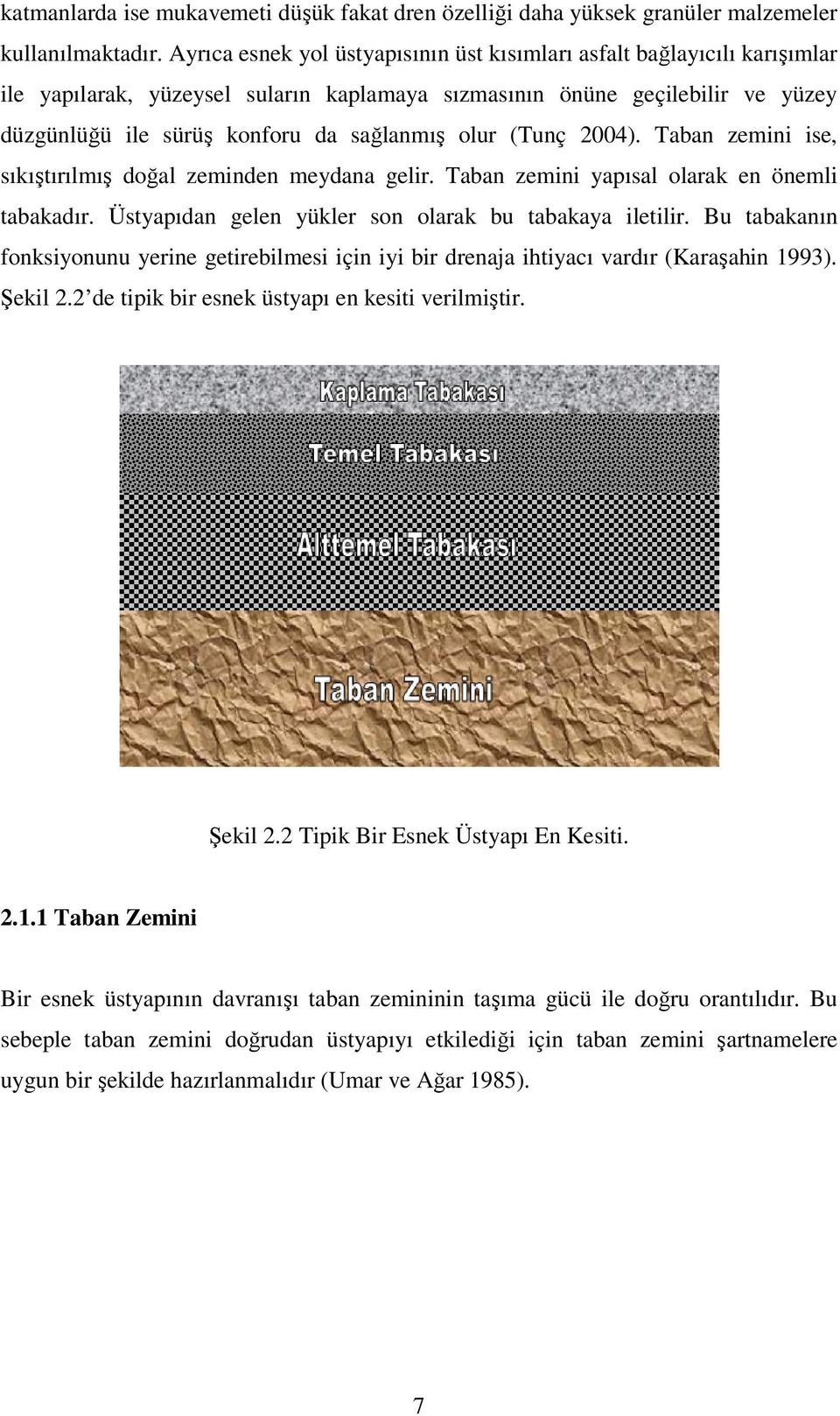 olur (Tunç 2004). Taban zemini ise, sıkıştırılmış doğal zeminden meydana gelir. Taban zemini yapısal olarak en önemli tabakadır. Üstyapıdan gelen yükler son olarak bu tabakaya iletilir.