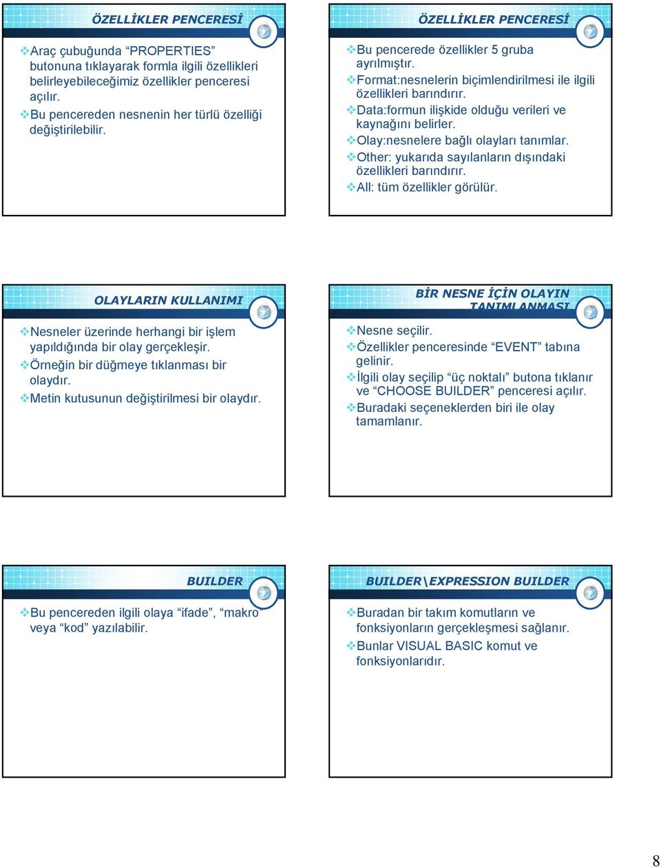 Data:formun ilişkide olduğu verileri ve kaynağını belirler. Olay:nesnelere bağlı olayları tanımlar. Other: yukarıda sayılanların dışındaki özellikleri barındırır. All: tüm özellikler görülür.