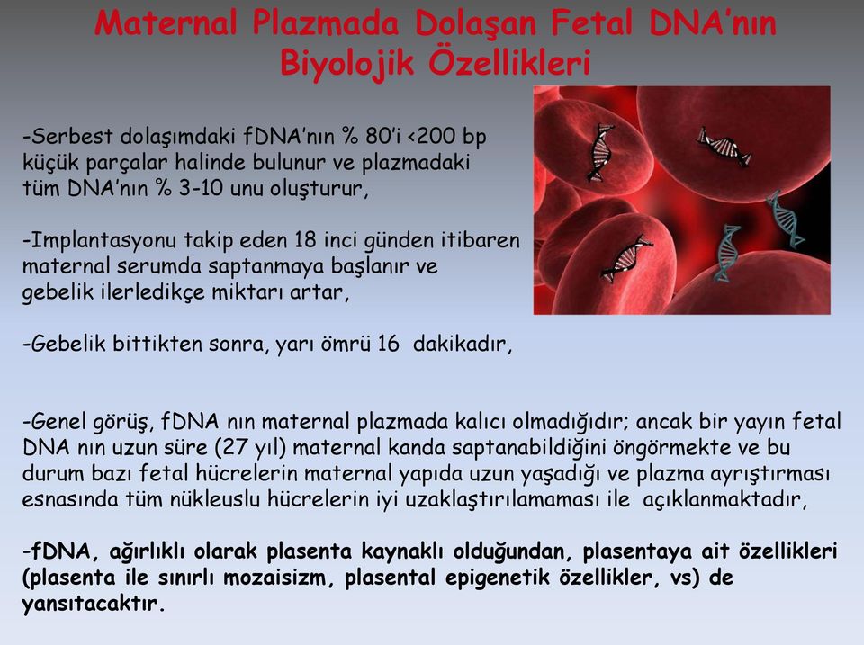 maternal plazmada kalıcı olmadığıdır; ancak bir yayın fetal DNA nın uzun süre (27 yıl) maternal kanda saptanabildiğini öngörmekte ve bu durum bazı fetal hücrelerin maternal yapıda uzun yaşadığı ve