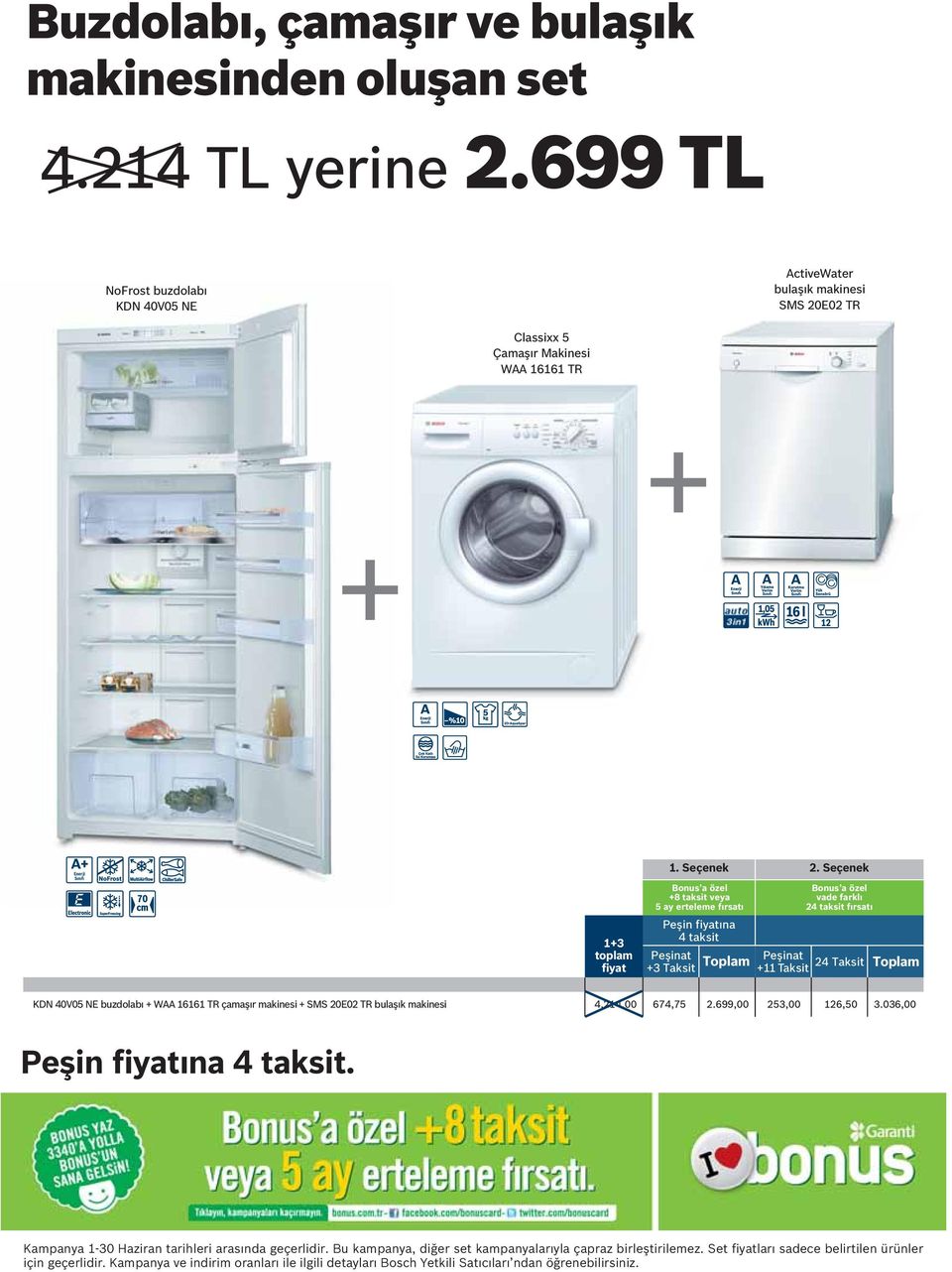 Seçenek Peşin ına KDN 40V05 NE buzdolabı + WAA 16161 TR çamaşır makinesi + SMS 20E02 TR bulaşık makinesi 4.214,00 674,75 2.699,00 253,00 126,50 3.