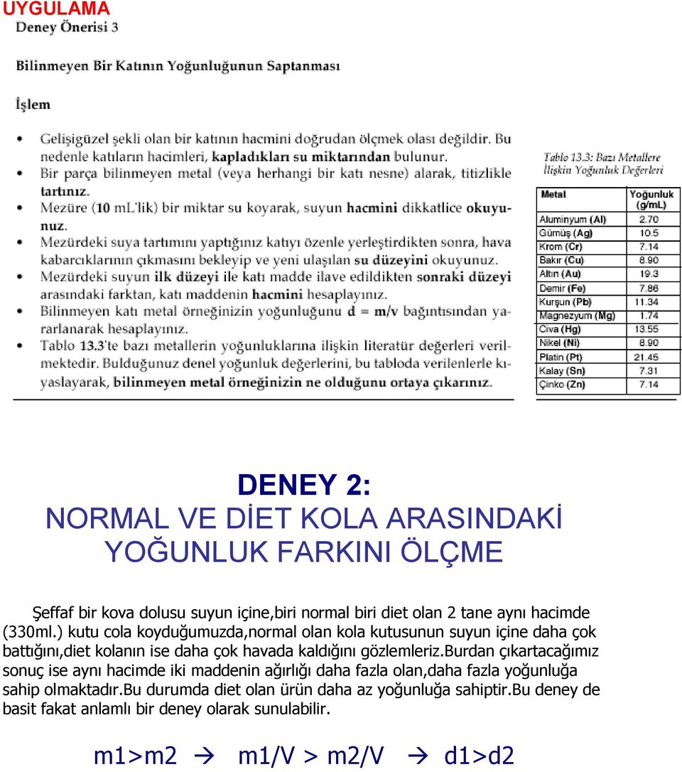 ) kutu cola koyduğumuzda,normal olan kola kutusunun suyun içine daha çok battığını,diet kolanın ise daha çok havada kaldığını gözlemleriz.