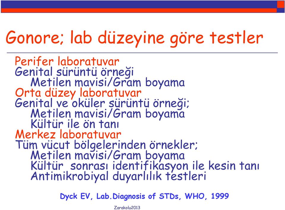 ön tanı Merkez laboratuvar Tüm vücut bölgelerinden örnekler; Metilen mavisi/gram boyama Kültür