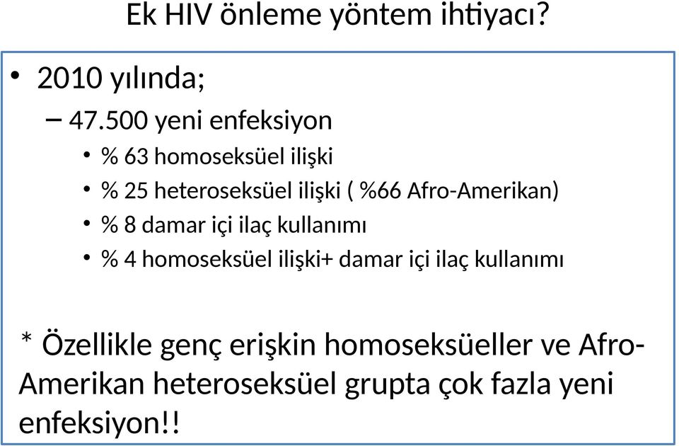 Afro-Amerikan) % 8 damar içi ilaç kullanımı % 4 homoseksüel ilişki+ damar içi