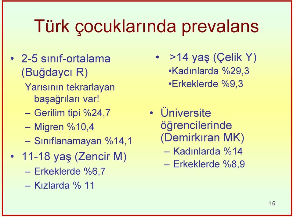 Gerilim tipi %24,7 Migren %10,4 Sınıflanamayan %14,1 11-18 yaş (Zencir M)