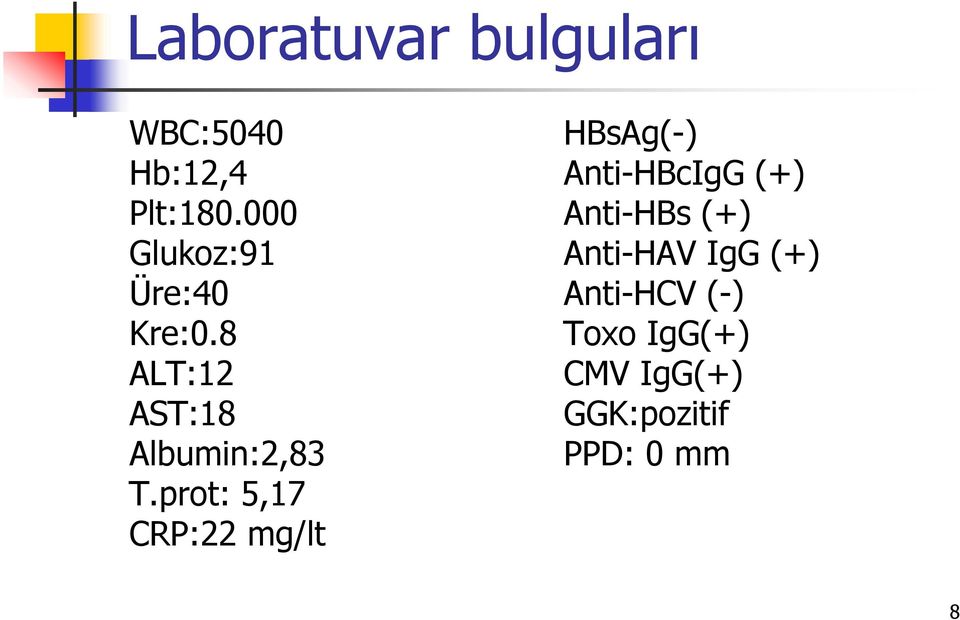 prot: 5,17 CRP:22 mg/lt HBsAg(-) Anti-HBcIgG (+) Anti-HBs