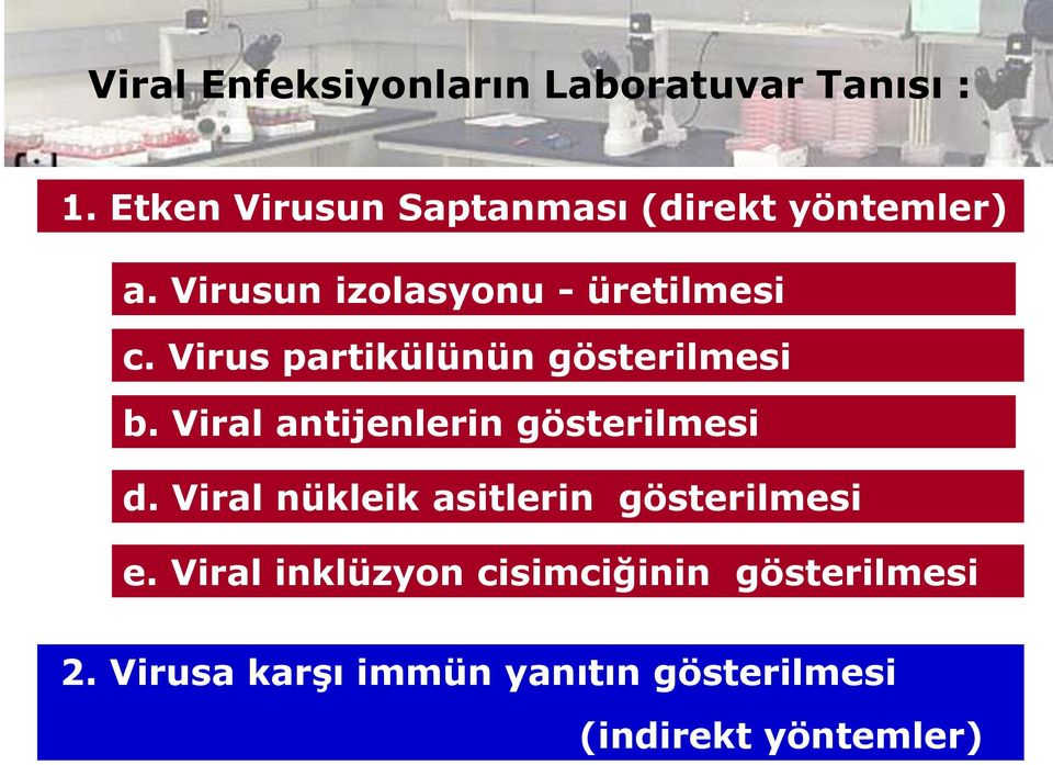 Virus partikülünün gösterilmesi b. Viral antijenlerin gösterilmesi d.