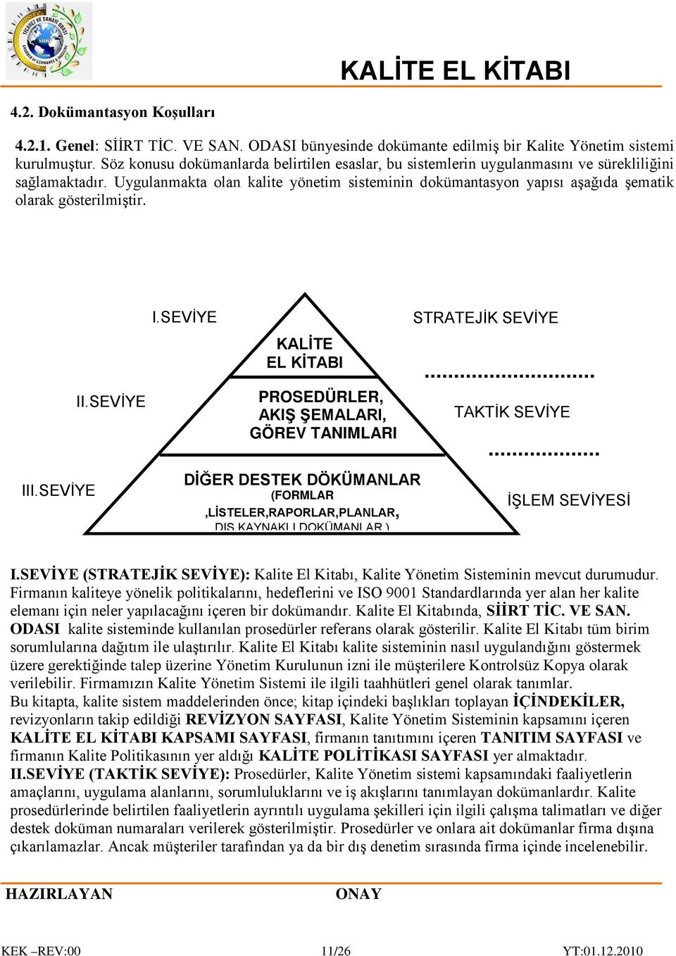 Uygulanmakta olan kalite yönetim sisteminin dokümantasyon yapısı aşağıda şematik olarak gösterilmiştir. I.SEVİYE KALİTE EL KİTABI STRATEJİK SEVİYE II.