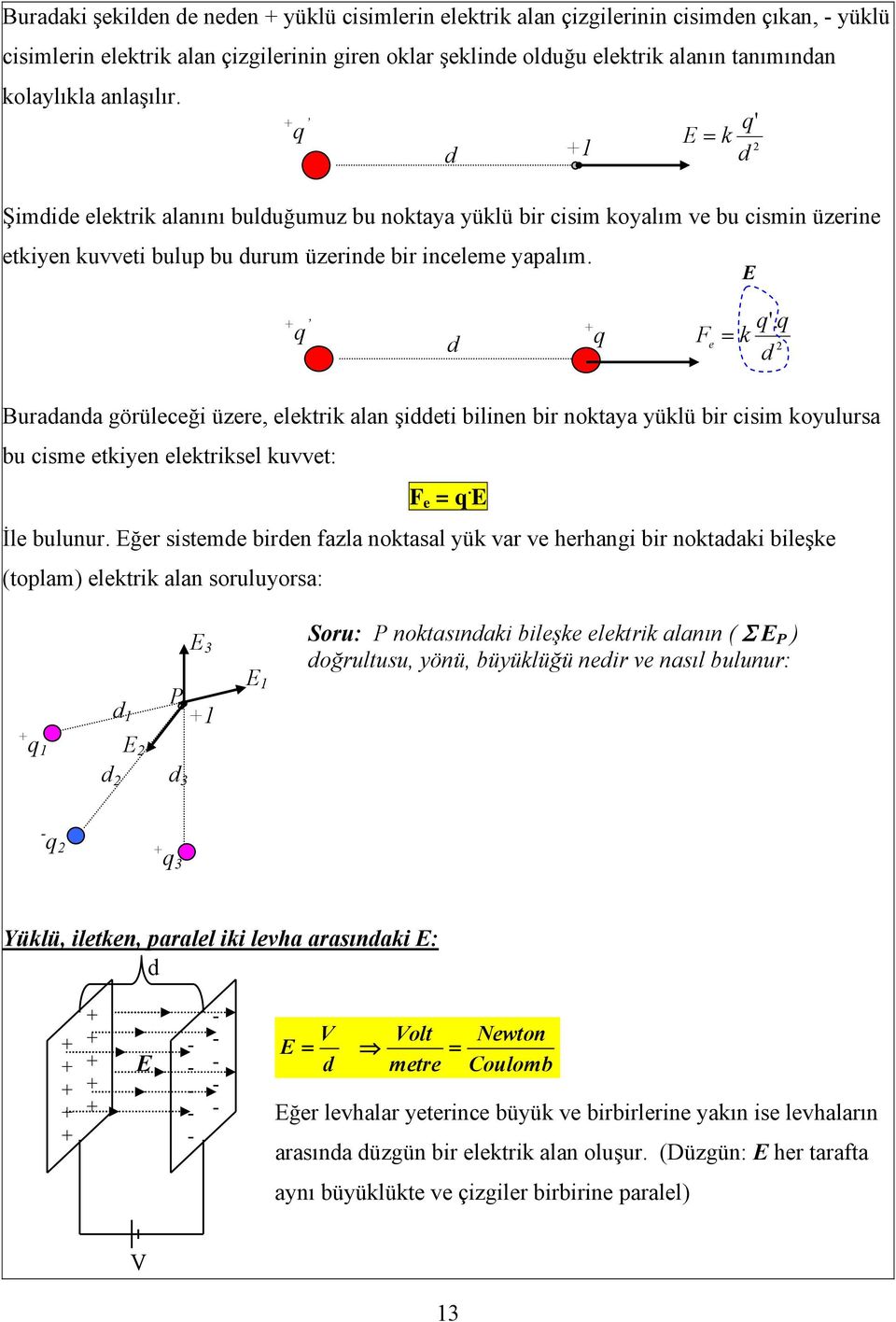 E Buraana görüleceği üzere, elektrik alan şieti bilinen bir noktaya yüklü bir cisim koyulursa bu cisme etkiyen elektriksel kuvvet: F e =. E İle bulunur.