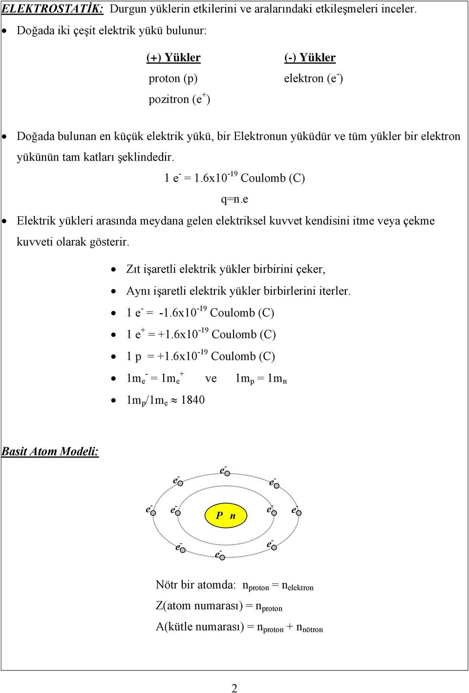 katları şeklineir. 1 e = 1.6x10 19 Coulomb (C) =n.e Elektrik yükleri arasına meyana gelen elektriksel kuvvet kenisini itme veya çekme kuvveti olarak gösterir.