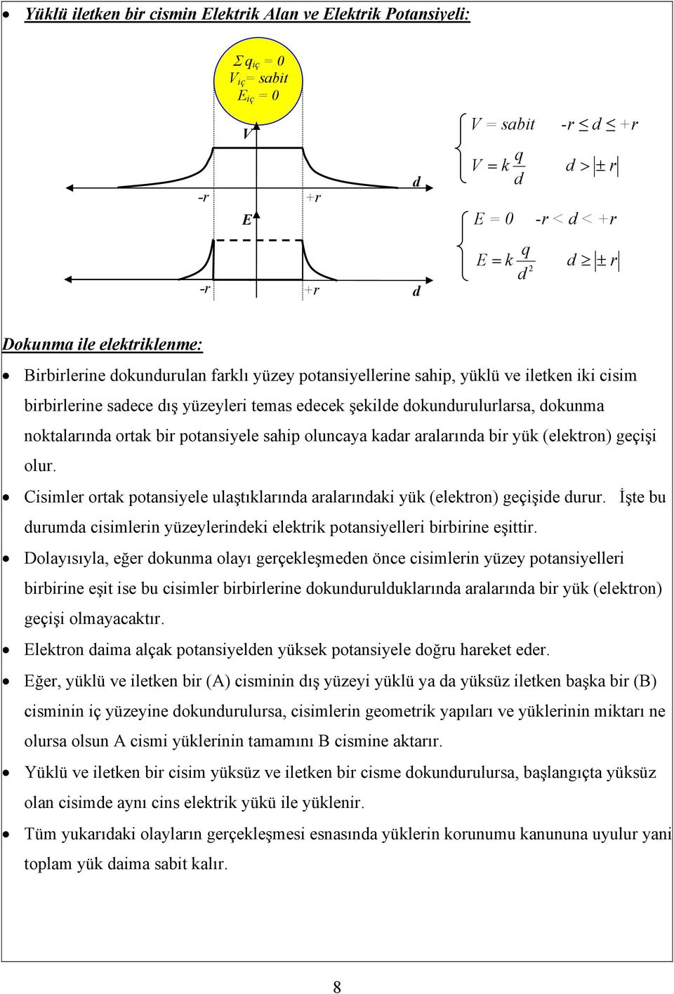 kaar aralarına bir yük (elektron) geçişi olur. Cisimler ortak potansiyele ulaştıklarına aralarınaki yük (elektron) geçişie urur.