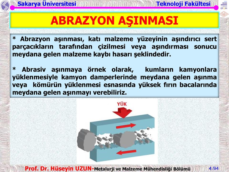 * Abrasiv aşınmaya örnek olarak, kumların kamyonlara yüklenmesiyle kamyon damperlerinde meydana gelen aşınma veya