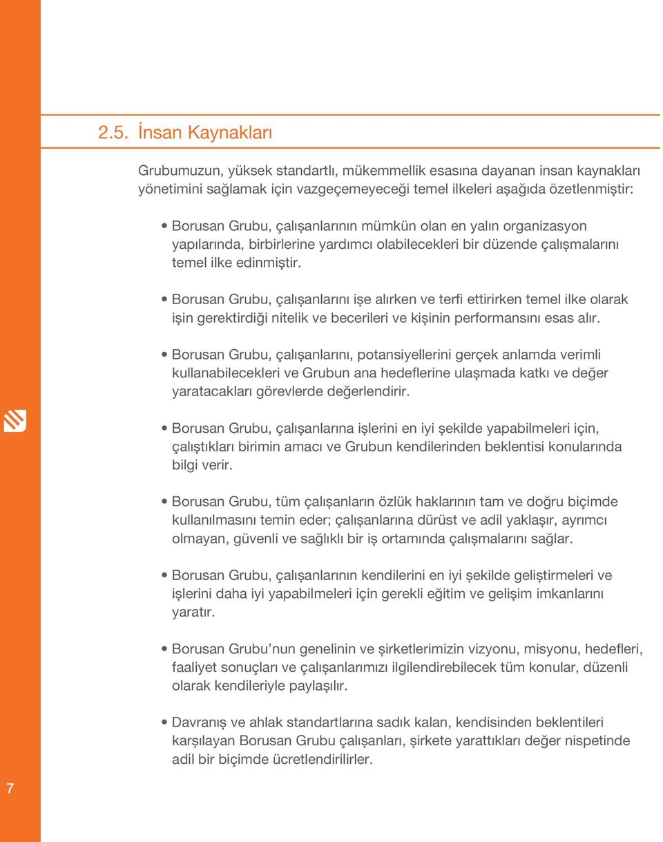 Borusan Grubu, çalışanlarını işe alırken ve terfi ettirirken temel ilke olarak işin gerektirdiği nitelik ve becerileri ve kişinin performansını esas alır.