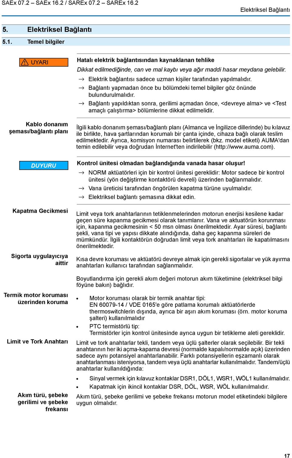 Bağlantı yapıldıktan sonra, gerilimi açmadan önce, <devreye alma> ve <Test amaçlı çalıştırma> bölümlerine dikkat edilmelidir.