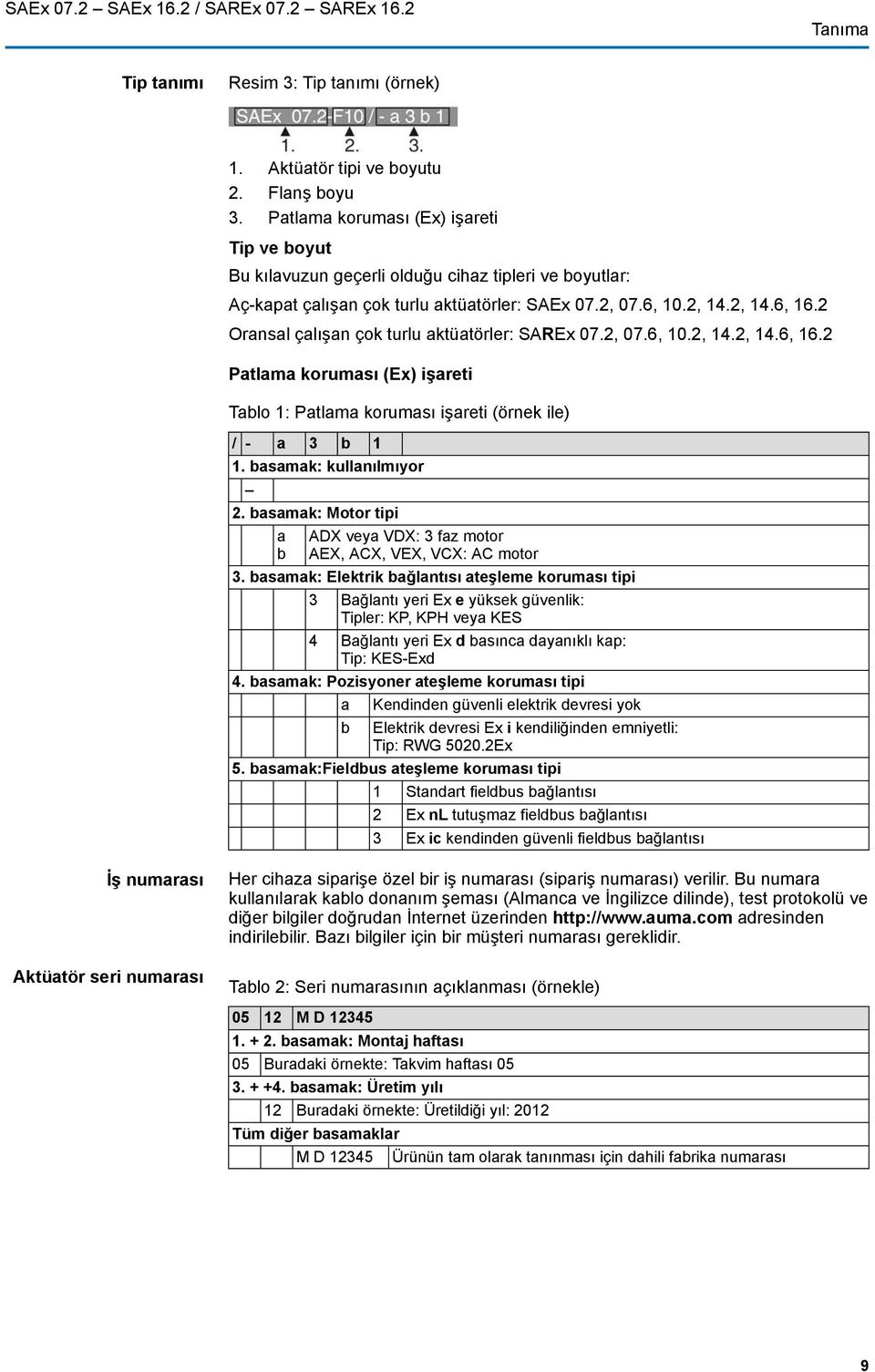 2 Oransal çalışan çok turlu aktüatörler: SAREx 07.2, 07.6, 10.2, 14.2, 14.6, 16.2 Patlama koruması (Ex) işareti Tablo 1: Patlama koruması işareti (örnek ile) / - a 3 b 1. basamak: kullanılmıyor 1 2.