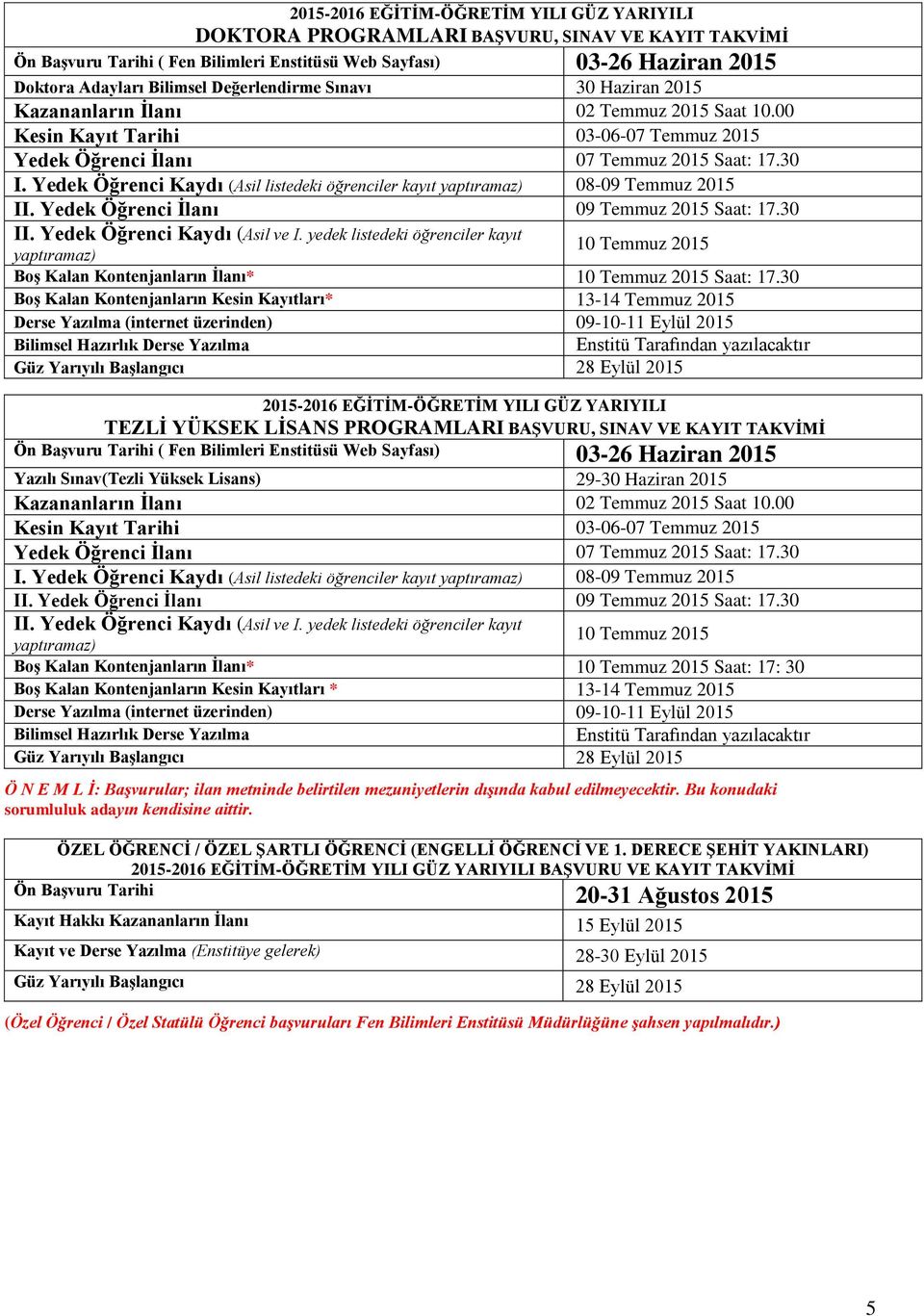 Yedek Öğrenci Kaydı (Asil listedeki öğrenciler kayıt yaptıramaz) 08-09 Temmuz 2015 II. Yedek Öğrenci İlanı 09 Temmuz 2015 Saat: 17.30 II. Yedek Öğrenci Kaydı (Asil ve I.