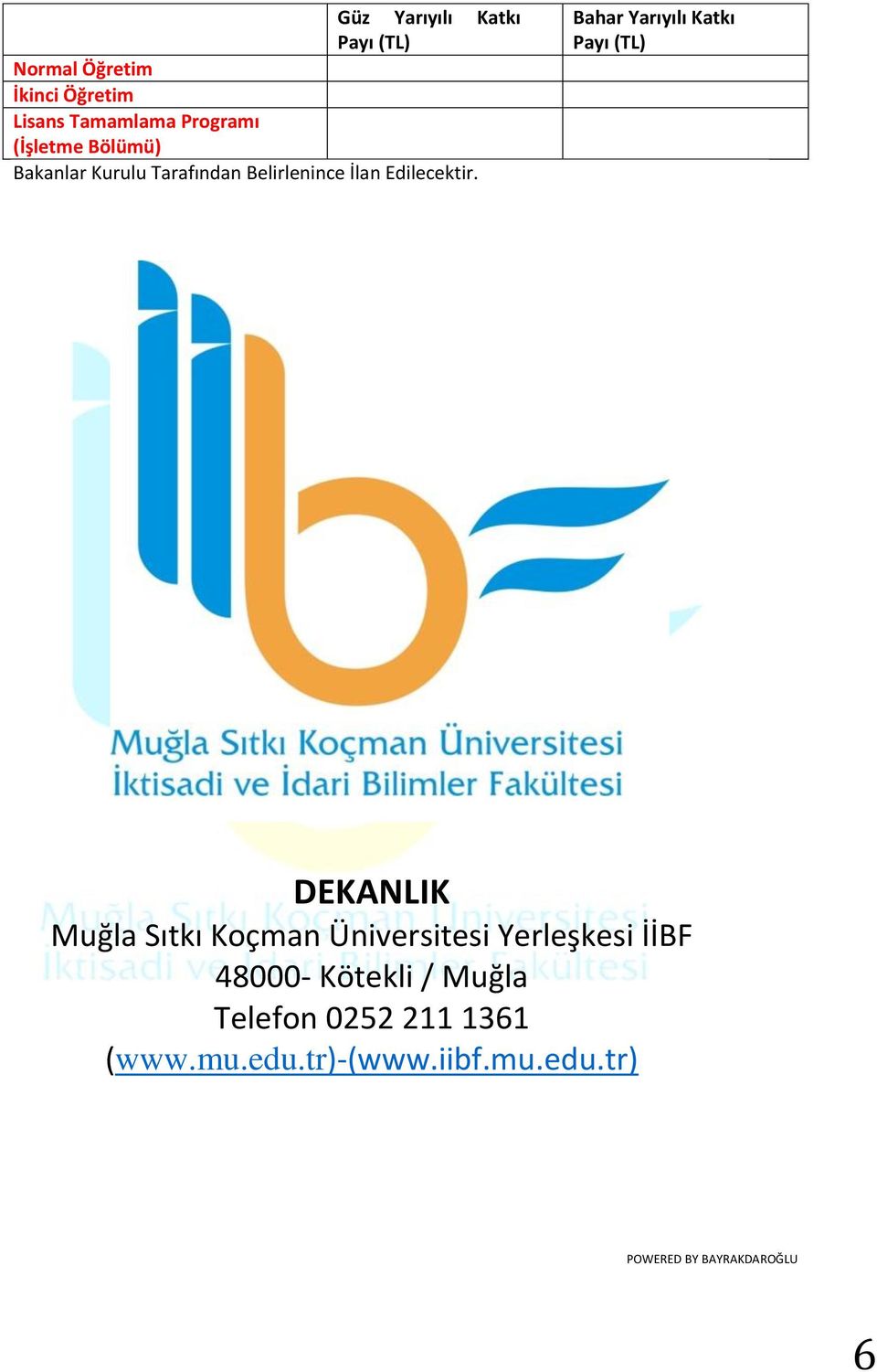 Bahar Yarıyılı Katkı Payı (TL) DEKANLIK Muğla Sıtkı Koçman Üniversitesi Yerleşkesi İİBF