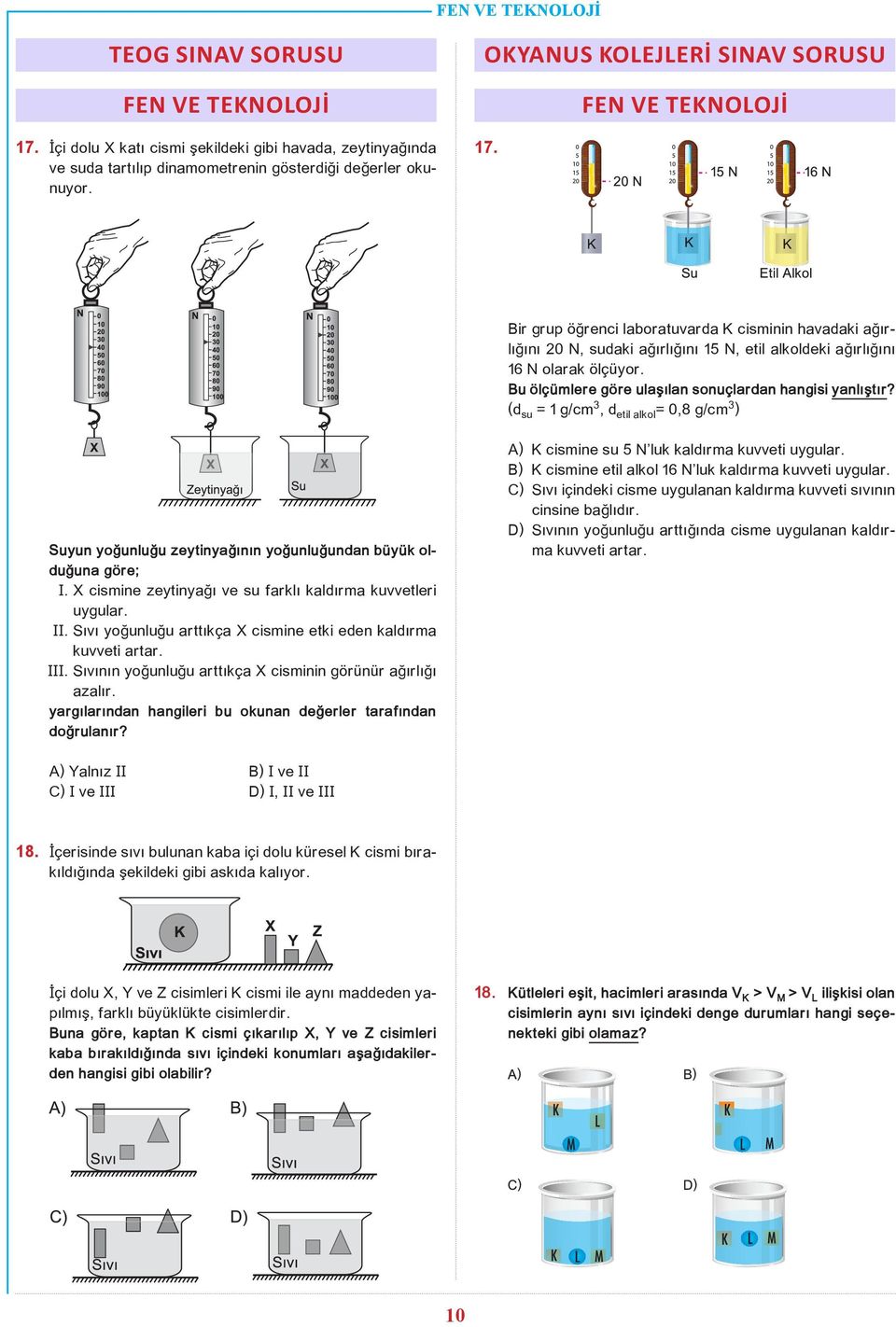 (d su = 1 g/cm 3, d etil alkol = 0,8 g/cm 3 ) Suyun yoğunluğu zeytinyağının yoğunluğundan büyük olduğuna göre; I. X cismine zeytinyağı ve su farklı kaldırma kuvvetleri uygular. II.