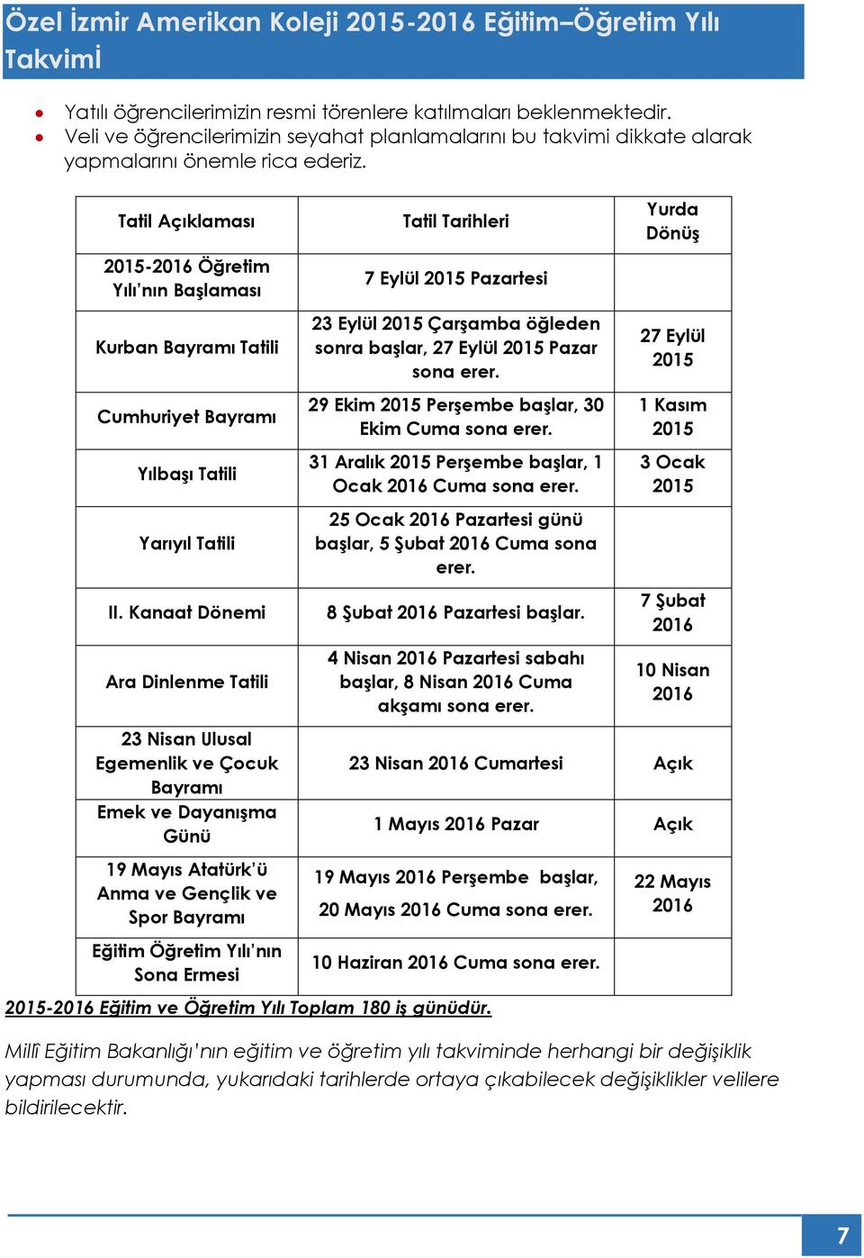 Tatil Açıklaması 2015-2016 Öğretim Yılı nın Başlaması Kurban Bayramı Tatili Cumhuriyet Bayramı Yılbaşı Tatili Yarıyıl Tatili II.