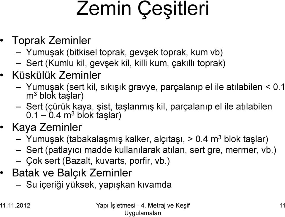 1 m 3 blok taşlar) Sert (çürük kaya, şist, taşlanmış kil, parçalanıp el ile atılabilen 0.1 0.