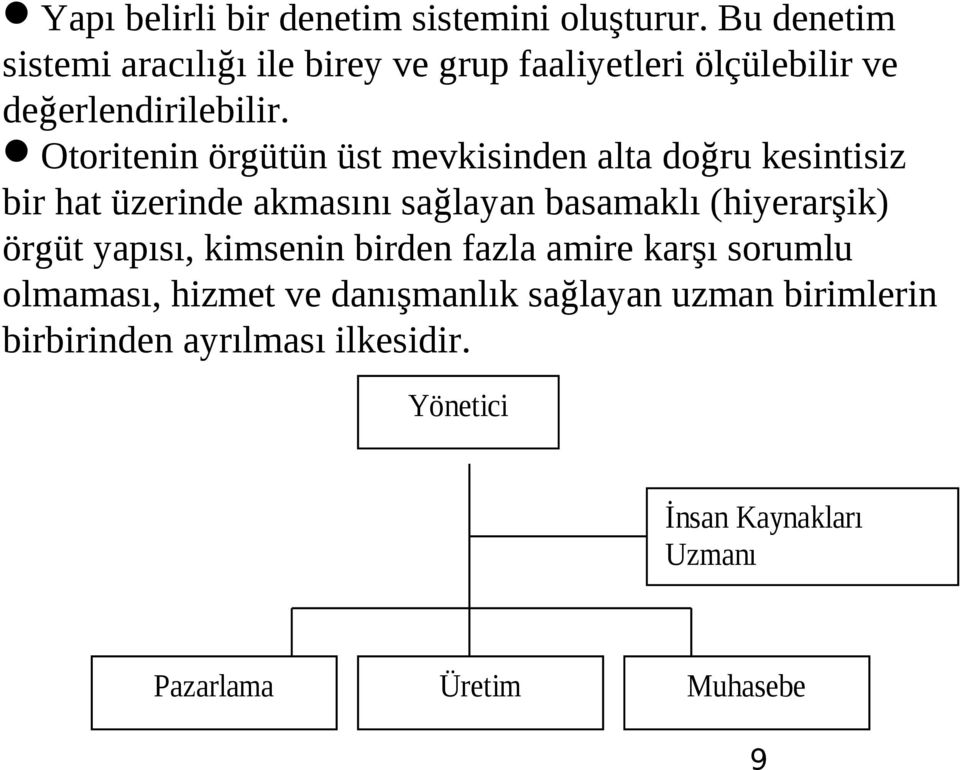 Otoritenin örgütün üst mevkisinden alta doğru kesintisiz bir hat üzerinde akmasını sağlayan basamaklı (hiyerarşik)