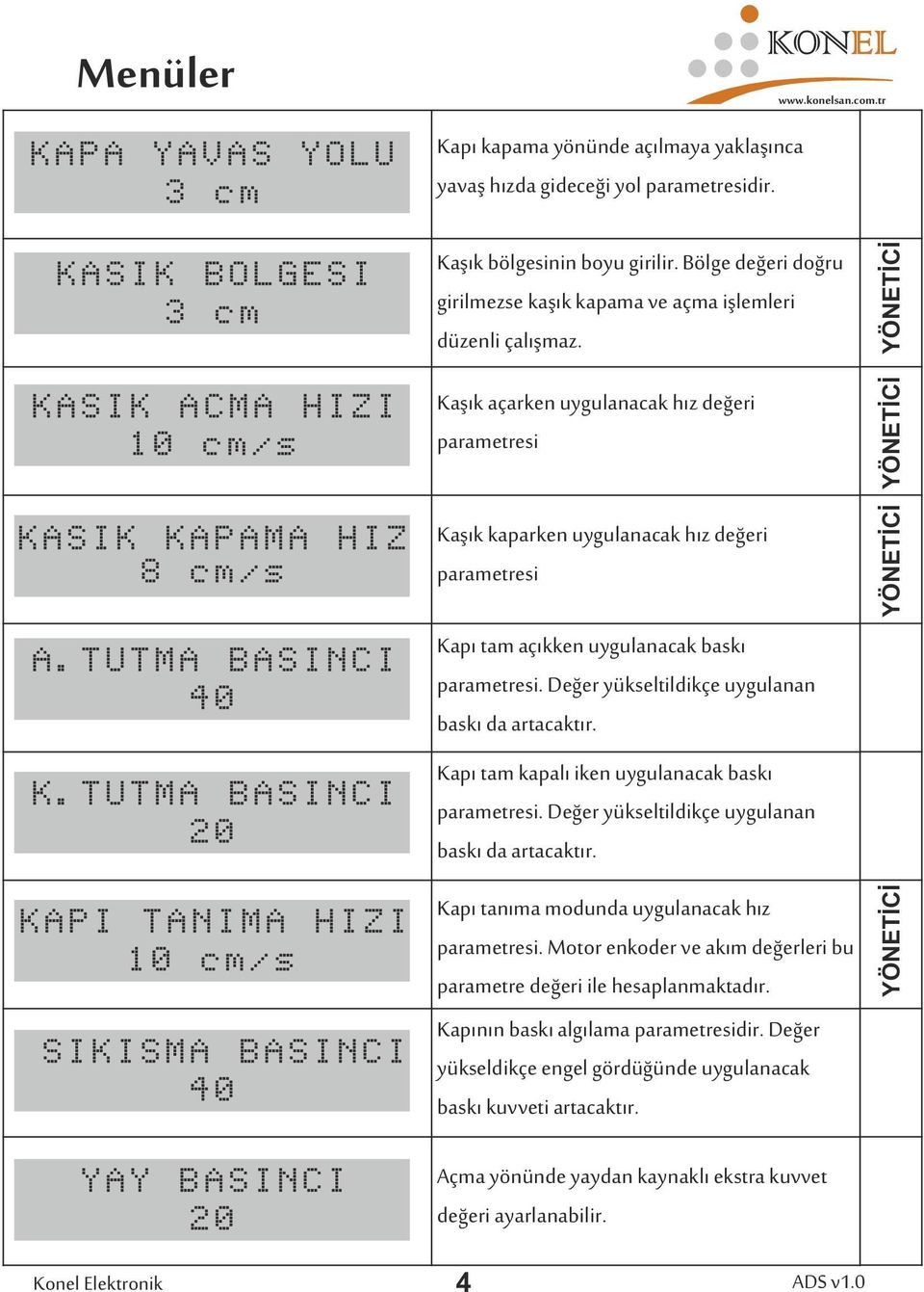 Kaşık açarken uygulanacak hız değeri parametresi Kaşık kaparken uygulanacak hız değeri parametresi Kapı tam açıkken uygulanacak baskı parametresi. Değer yükseltildikçe uygulanan baskı da artacaktır.