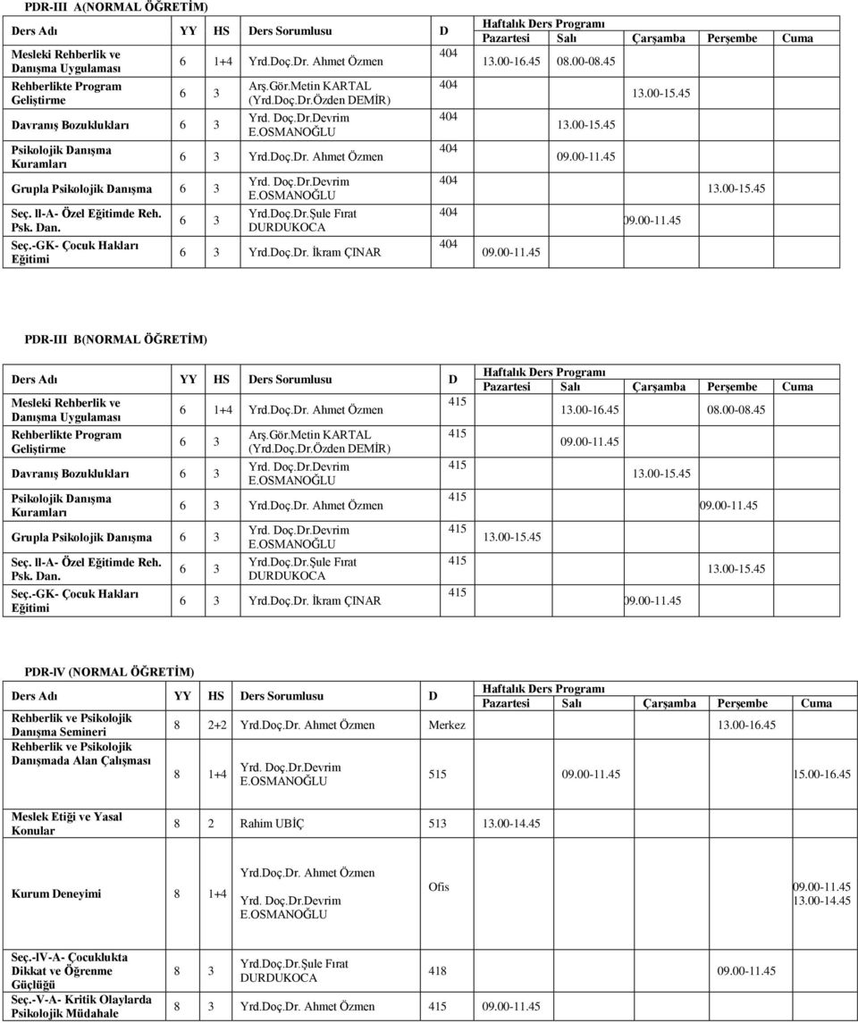 doç.dr. İkram ÇINAR 13.00-16.45 08.00-08.45 PDR-lV (NORMAL ÖĞRETİM) Rehberlik ve Psikolojik Danışma Semineri Rehberlik ve Psikolojik Danışmada Alan Çalışması 8 + rd.doç.dr. Ahmet Özmen Merkez 13.