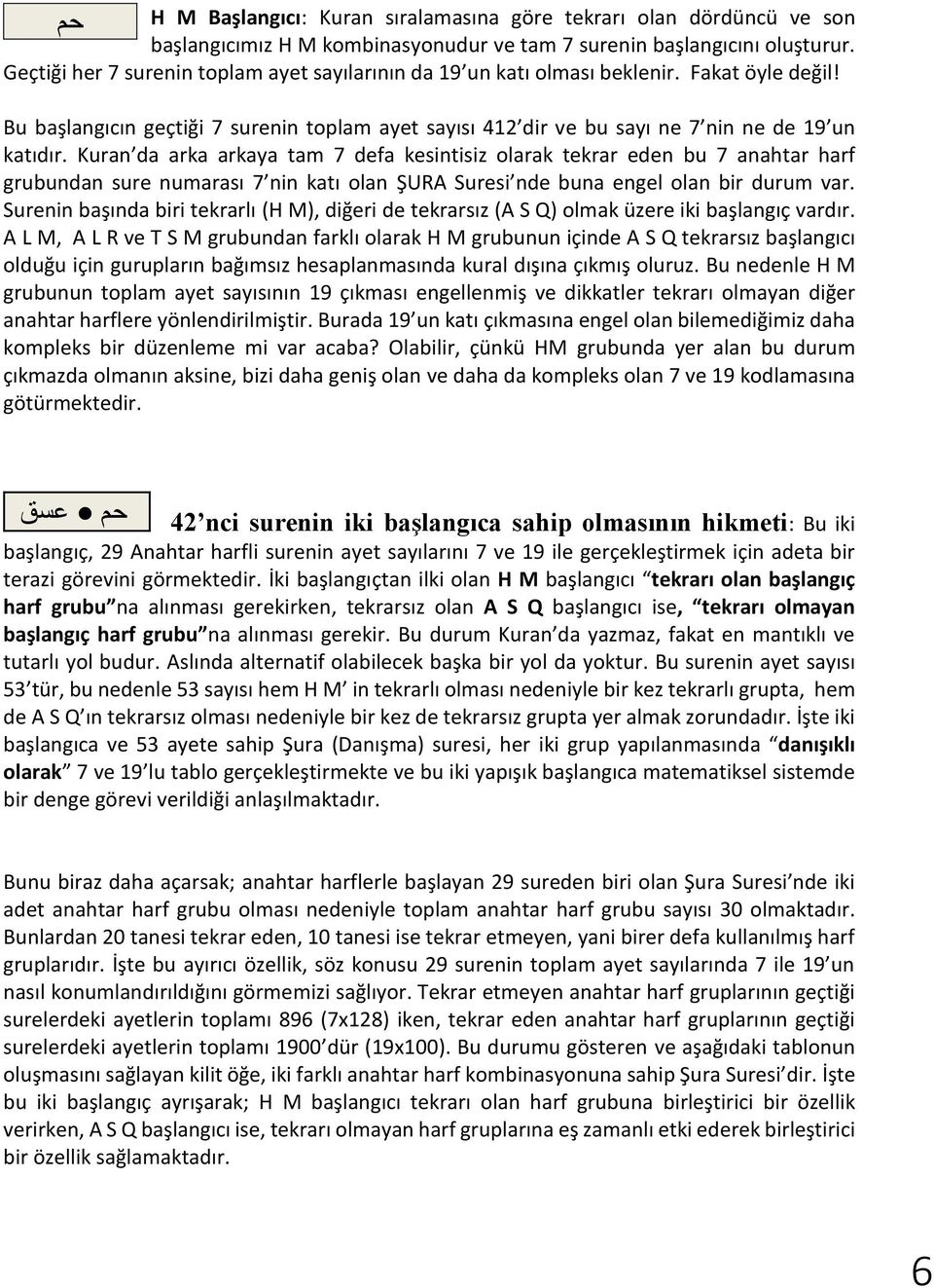 Kuran da arka arkaya tam 7 defa kesintisiz olarak tekrar eden bu 7 anahtar harf grubundan sure numarası 7 nin katı olan ŞURA Suresi nde buna engel olan bir durum var.