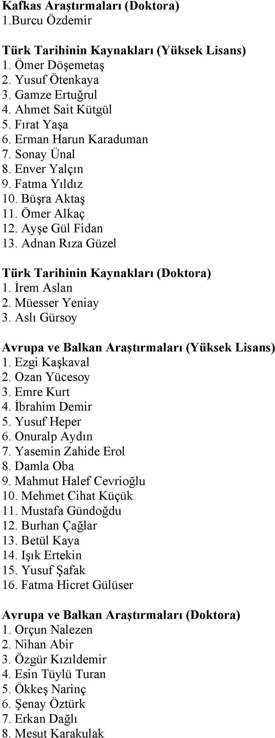 Müesser Yeniay 3. Aslı Gürsoy Avrupa ve Balkan Araştırmaları (Yüksek Lisans) 1. Ezgi Kaşkaval 2. Ozan Yücesoy 3. Emre Kurt 4. İbrahim Demir 5. Yusuf Heper 6. Onuralp Aydın 7. Yasemin Zahide Erol 8.