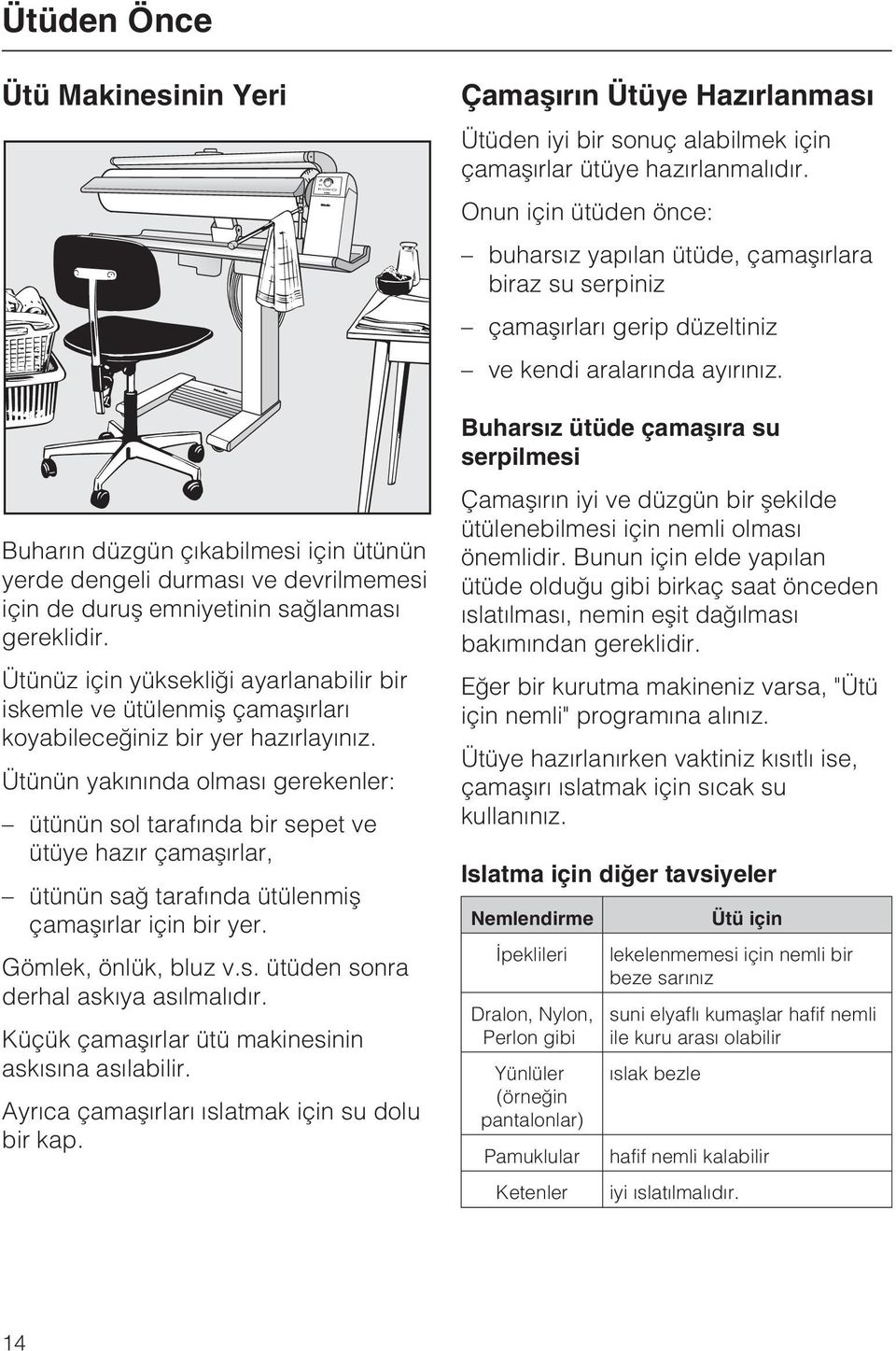 Ütünün yakýnýnda olmasý gerekenler: ütünün sol tarafýnda bir sepet ve ütüye hazýr çamaþýrlar, ütünün sað tarafýnda ütülenmiþ çamaþýrlar için bir yer. Gömlek, önlük, bluz v.s. ütüden sonra derhal askýya asýlmalýdýr.