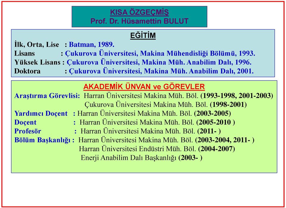 (1993-1998, 2001-2003) Çukurova Üniversitesi Makina Müh. Böl. (1998-2001) Yardımcı Doçent : Harran Üniversitesi Makina Müh. Böl. (2003-2005) Doçent : Harran Üniversitesi Makina Müh. Böl. (2005-2010 ) Profesör : Harran Üniversitesi Makina Müh.