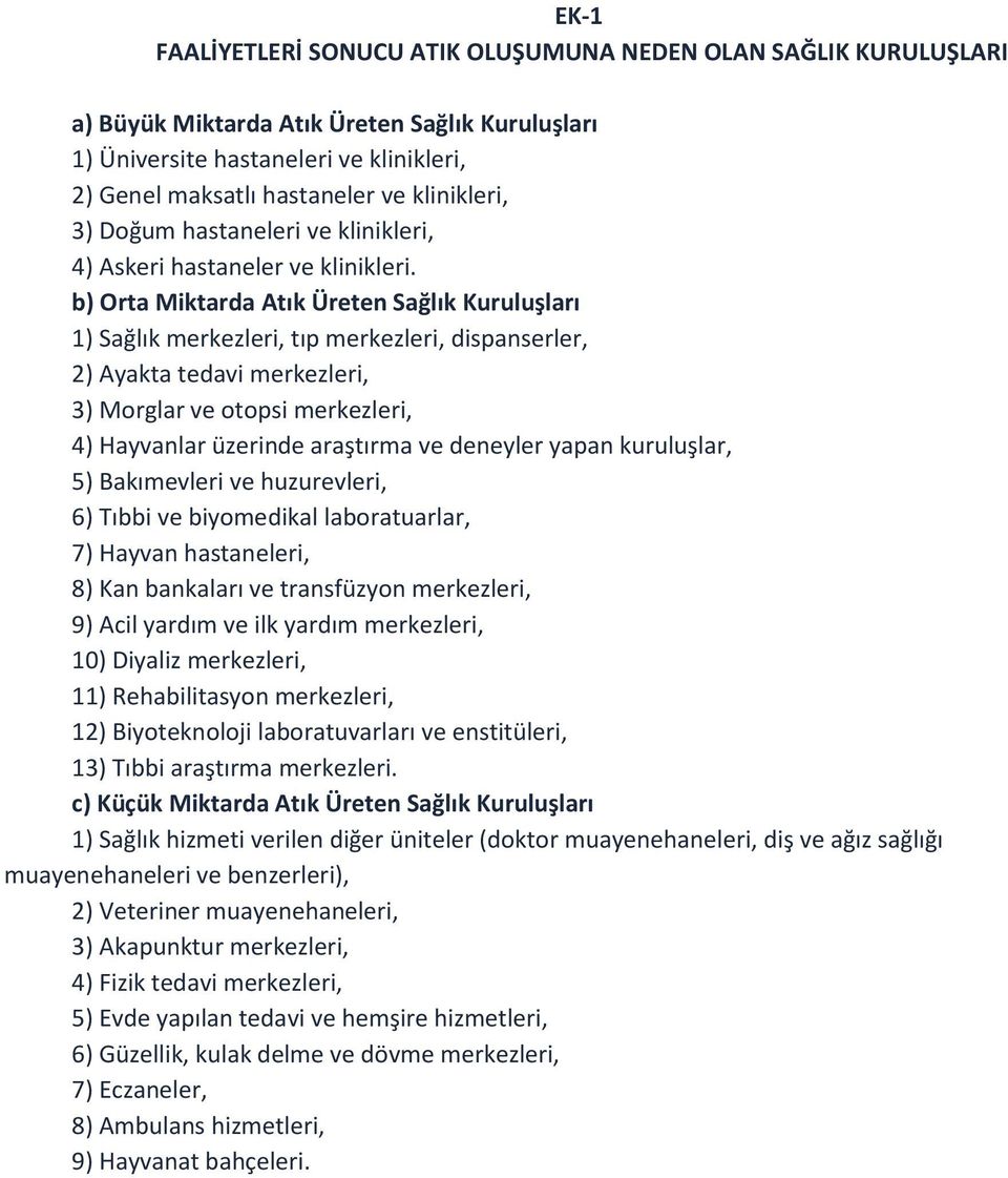 b) Orta Miktarda Atık Üreten Sağlık Kuruluşları 1) Sağlık merkezleri, tıp merkezleri, dispanserler, 2) Ayakta tedavi merkezleri, 3) Morglar ve otopsi merkezleri, 4) Hayvanlar üzerinde araştırma ve