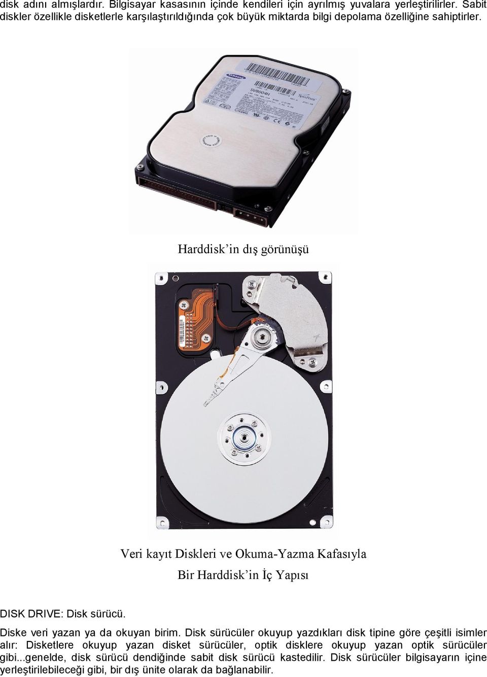 Harddisk in dış görünüşü Veri kayıt Diskleri ve Okuma-Yazma Kafasıyla Bir Harddisk in İç Yapısı DISK DRIVE: Disk sürücü. Diske veri yazan ya da okuyan birim.