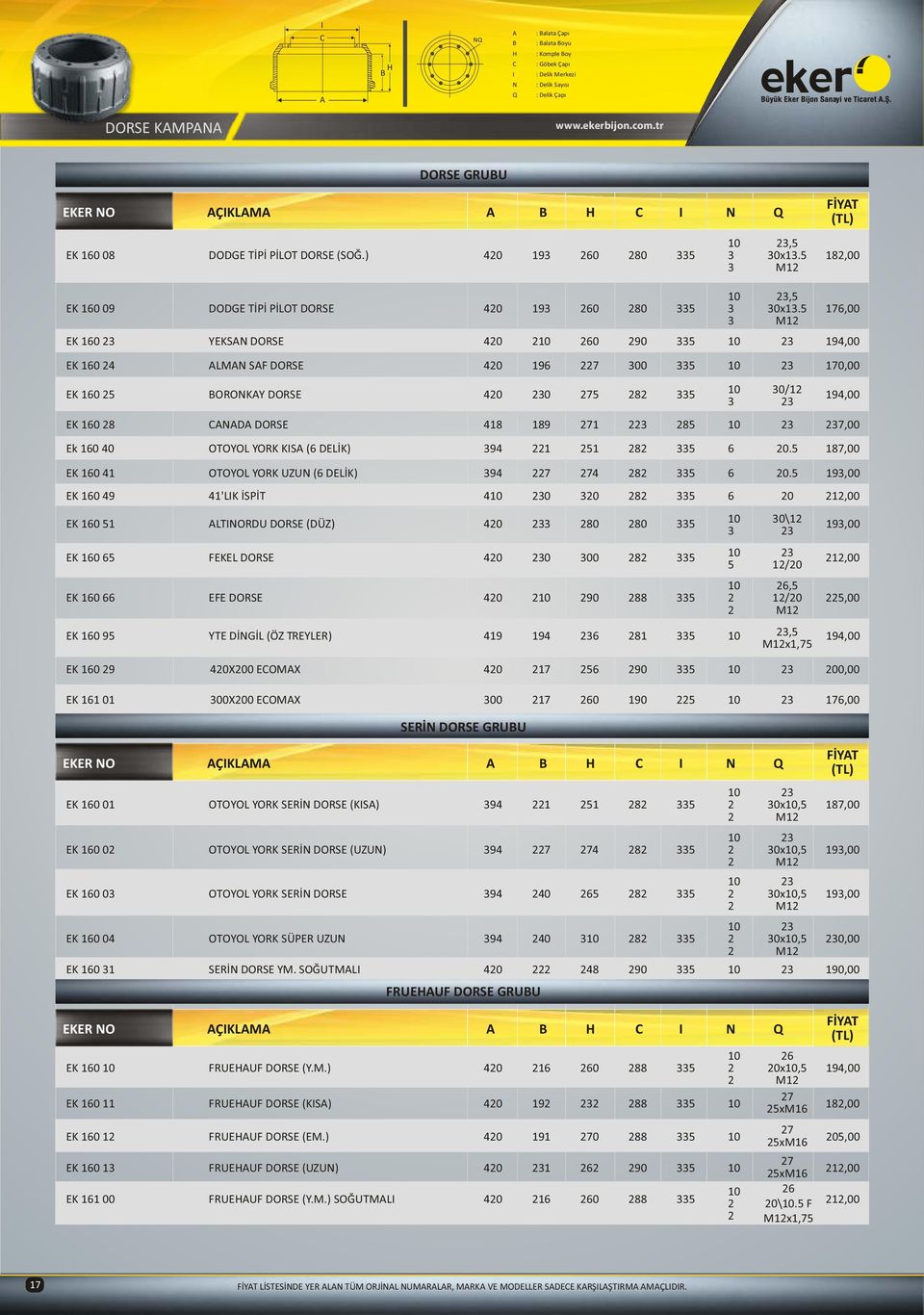 5 M12 EK 160 23 YEKSAN DORSE 420 210 260 290 335 10 23 194,00 EK 160 24 ALMAN SAF DORSE 420 196 227 300 335 10 23 170,00 EK 160 25 BORONKAY DORSE 420 230 275 282 335 EK 160 28 CANADA DORSE 418 189