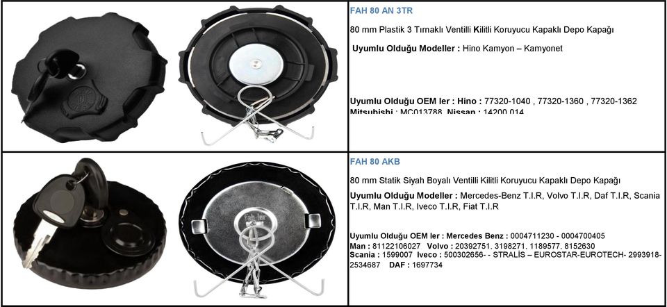 014 FAH 80 AKB 80 mm Statik Siyah Boyalı Ventilli Kilitli Koruyucu Kapaklı Depo Kapağı Mercedes-Benz T.I.R, Volvo T.I.R, Daf T.I.R, Scania T.