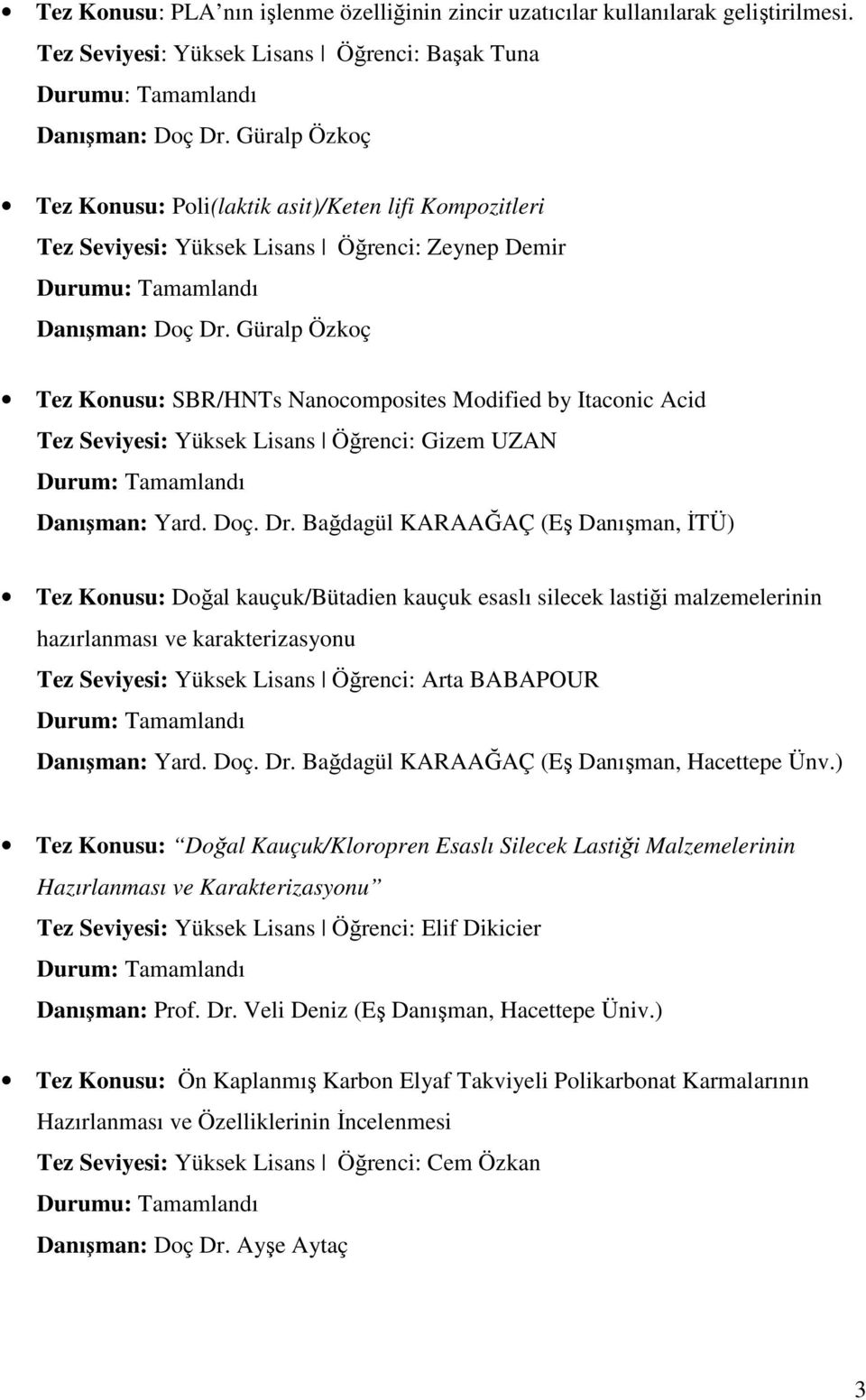 Konusu: SBR/HNTs Nanocomposites Modified by Itaconic Acid Tez Seviyesi: Yüksek Lisans Öğrenci: Gizem UZAN Durum: Tamamlandı Danışman: Yard. Doç. Dr.