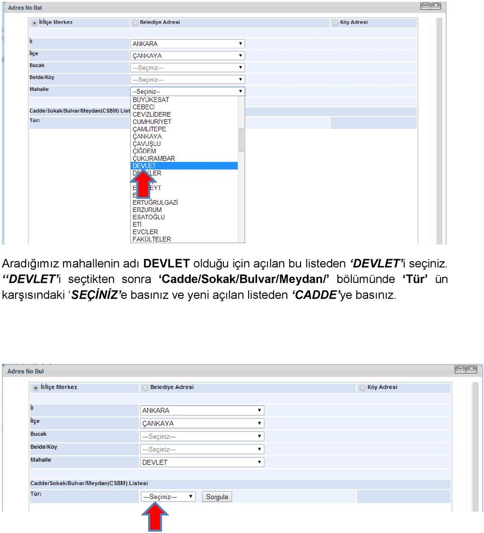 DEVLET i seçtikten sonra Cadde/Sokak/Bulvar/Meydan/