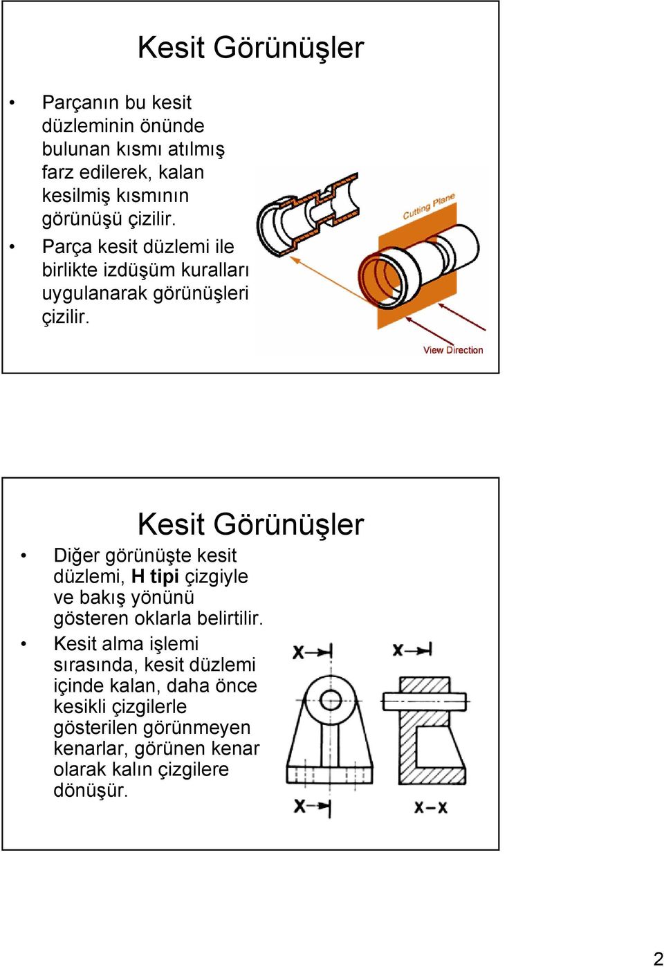 Kesit Görünüşler Diğer görünüşte kesit düzlemi, H tipi çizgiyle ve bakış yönünü gösteren oklarla belirtilir.