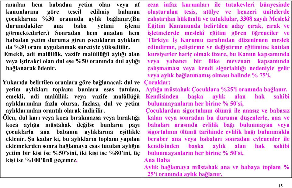 Emekli, adi malûllük, vazife malûllüğü aylığı alan veya iştirakçi olan dul eşe %50 oranında dul aylığı bağlanarak ödenir.