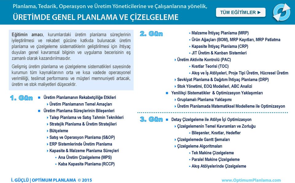 Gelişmiş üretim planlama ve çizelgeleme sistematikleri sayesinde kurumun tüm kaynaklarının orta ve kısa vadede operasyonel verimliliği, teslimat performansı ve müşteri memnuniyeti artacak, üretim ve