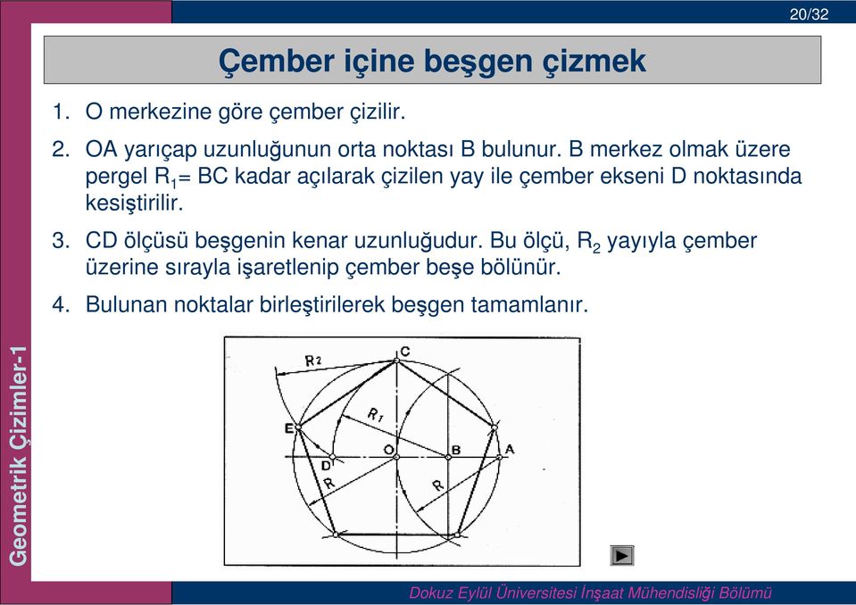 B merkez olmak üzere pergel R 1 = BC kadar açılarak çizilen yay ile çember ekseni D noktasında