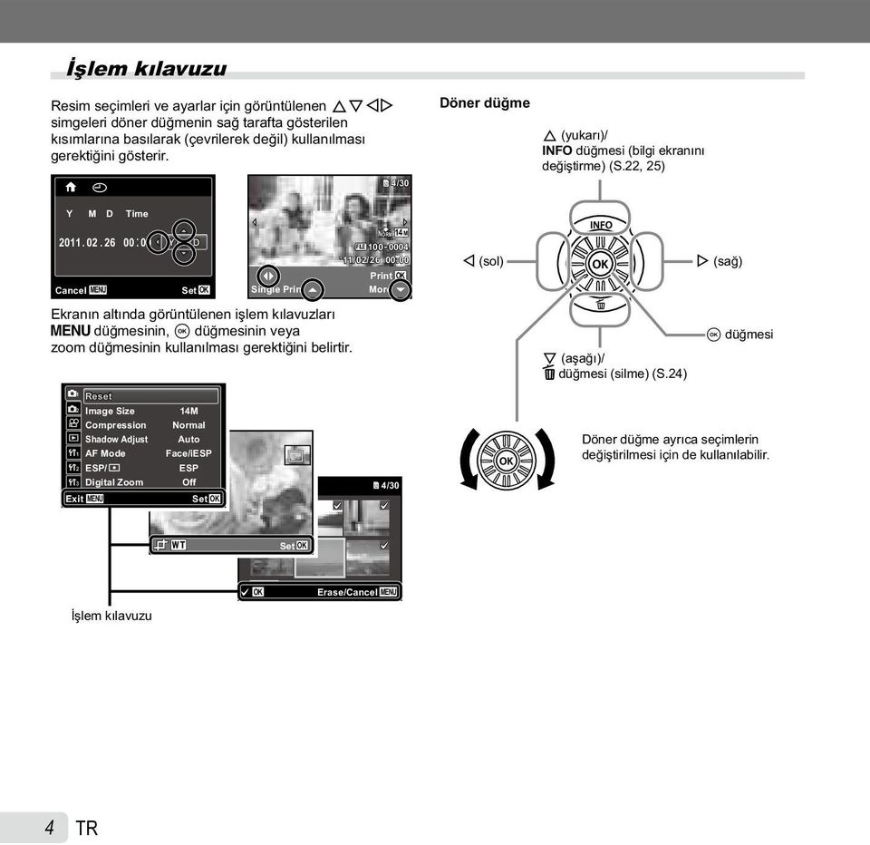 26 00: 00 Cancel MENU Y/M/D Set OK Single Print NORM 14M FILE 100 0004 11/02/26 00:00 Print OK More H (sol) I (sağ) Ekranın altında görüntülenen işlem kılavuzları m düğmesinin, A düğmesinin veya zoom