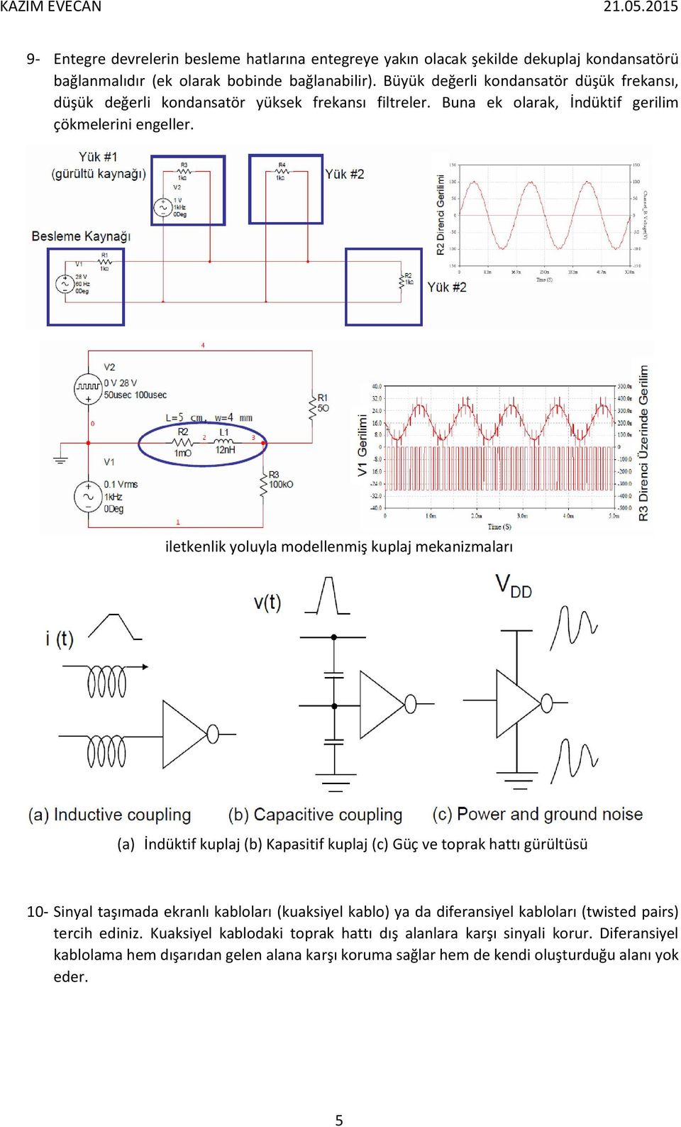 iletkenlik yoluyla modellenmiş kuplaj mekanizmaları (a) İndüktif kuplaj (b) Kapasitif kuplaj (c) Güç ve toprak hattı gürültüsü 10- Sinyal taşımada ekranlı kabloları (kuaksiyel